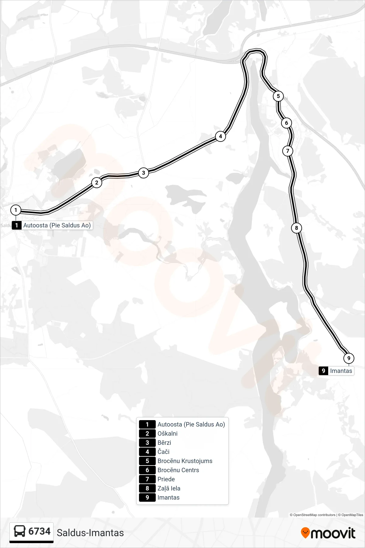 6734 bus Line (Imantas) route and stops on a map