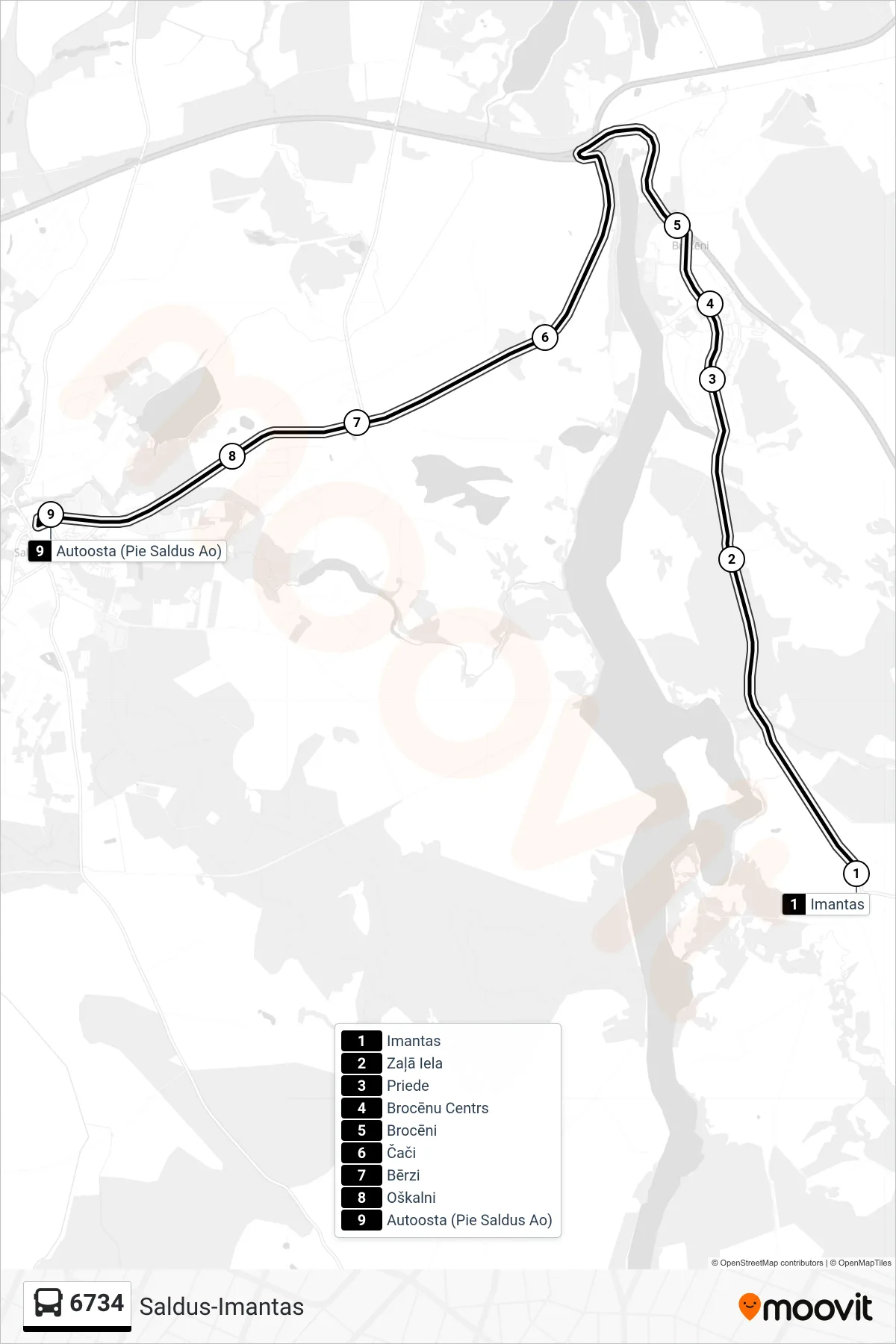 6734 bus Line (Autoosta (Pie Saldus Ao)) route and stops on a map