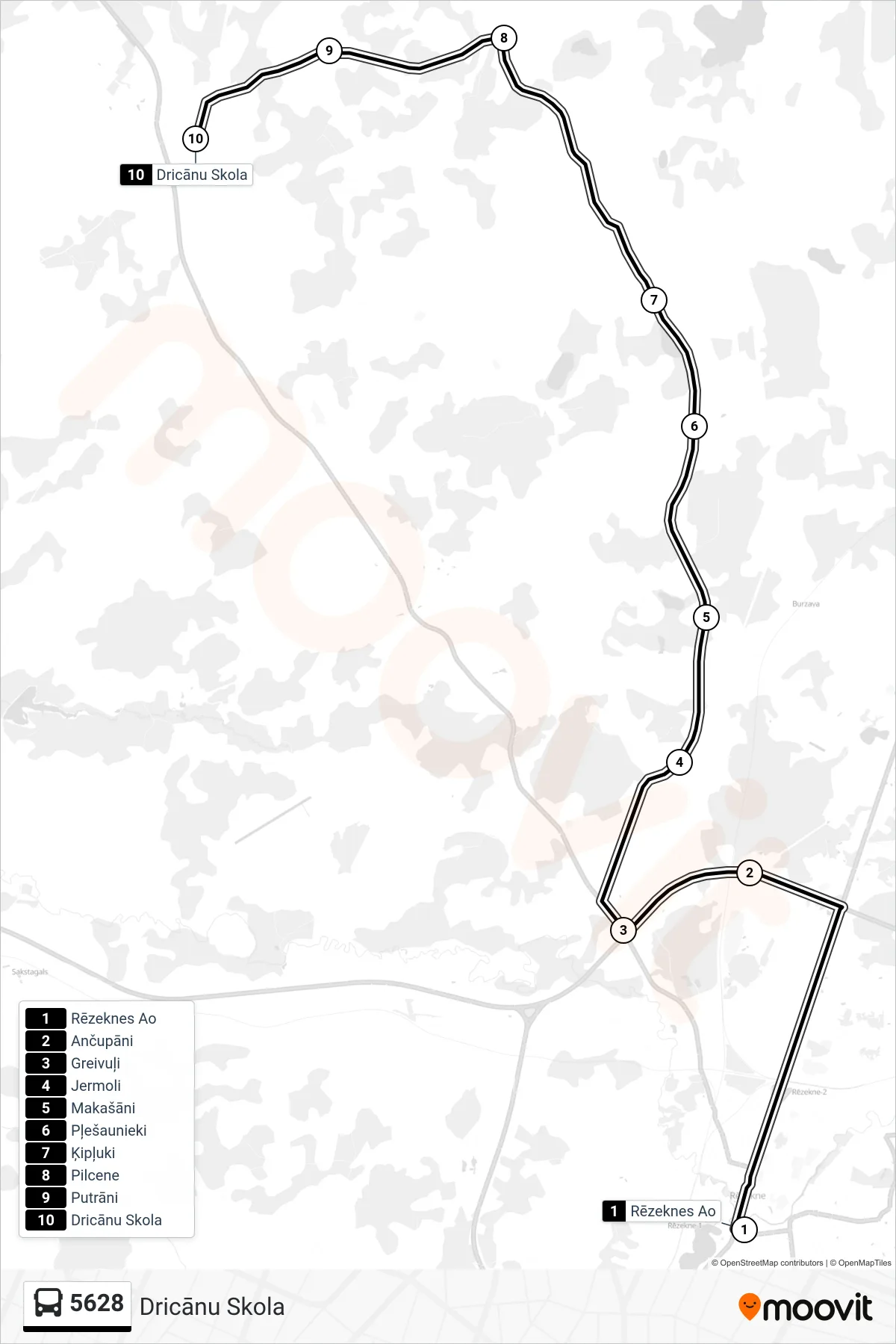 5628 bus Line (Dricānu Skola) route and stops on a map