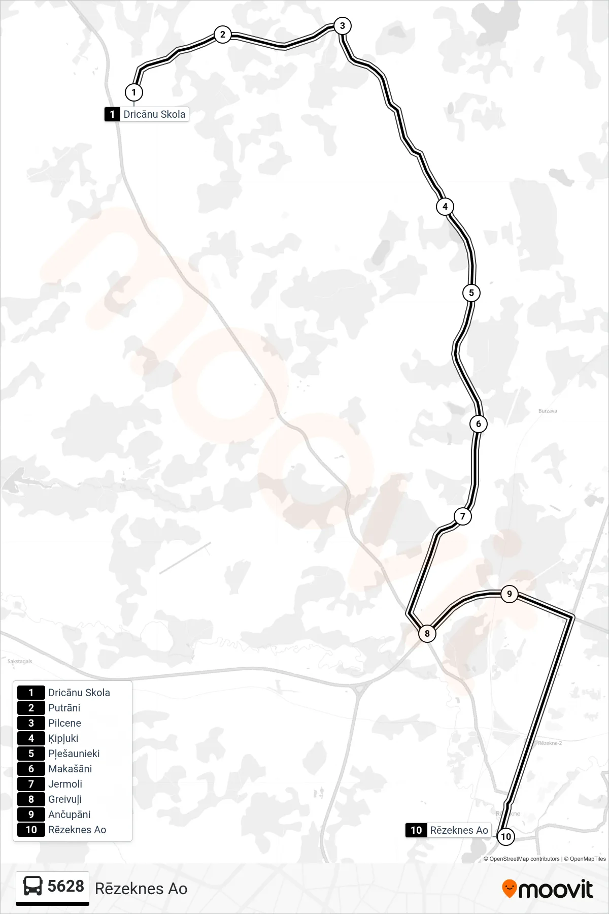 5628 bus Line (Rēzeknes Ao) route and stops on a map