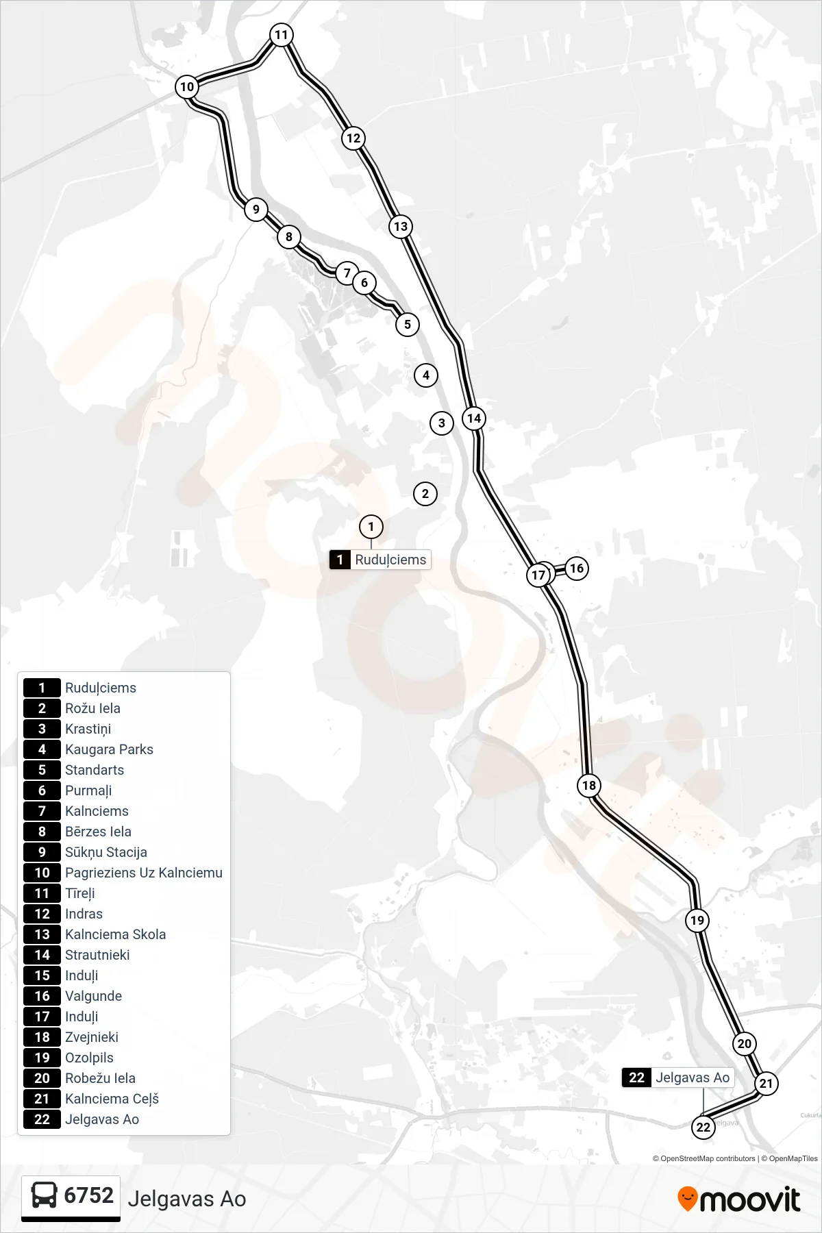 6752 bus Line (Jelgavas Ao) route and stops on a map