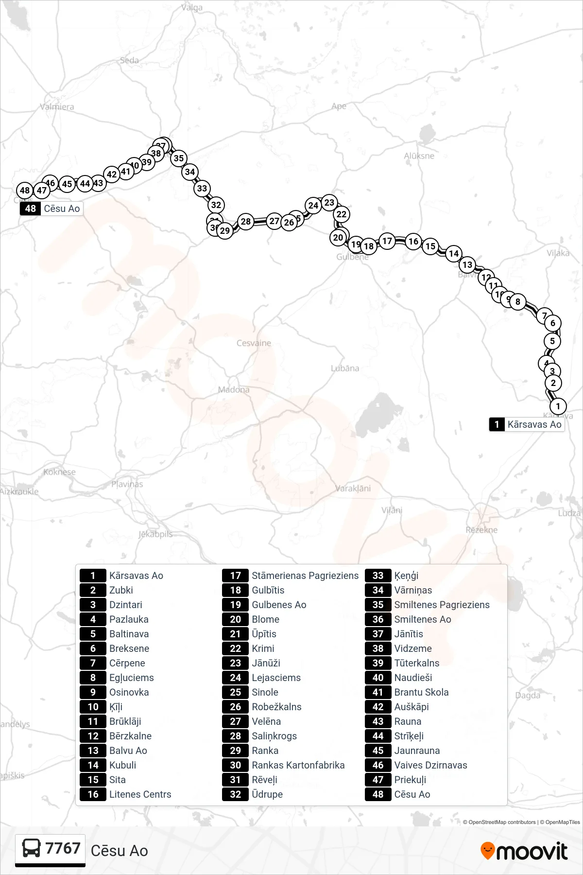 7767 bus Line (Cēsu Ao) route and stops on a map