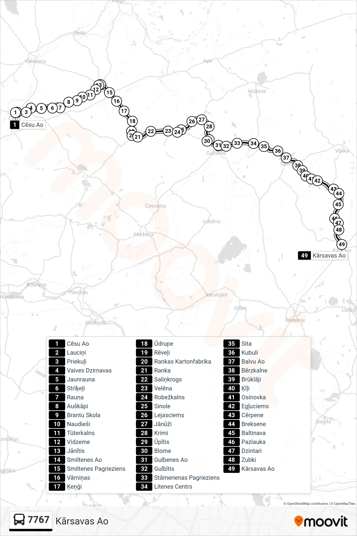 7767 bus Line (Kārsavas Ao) route and stops on a map