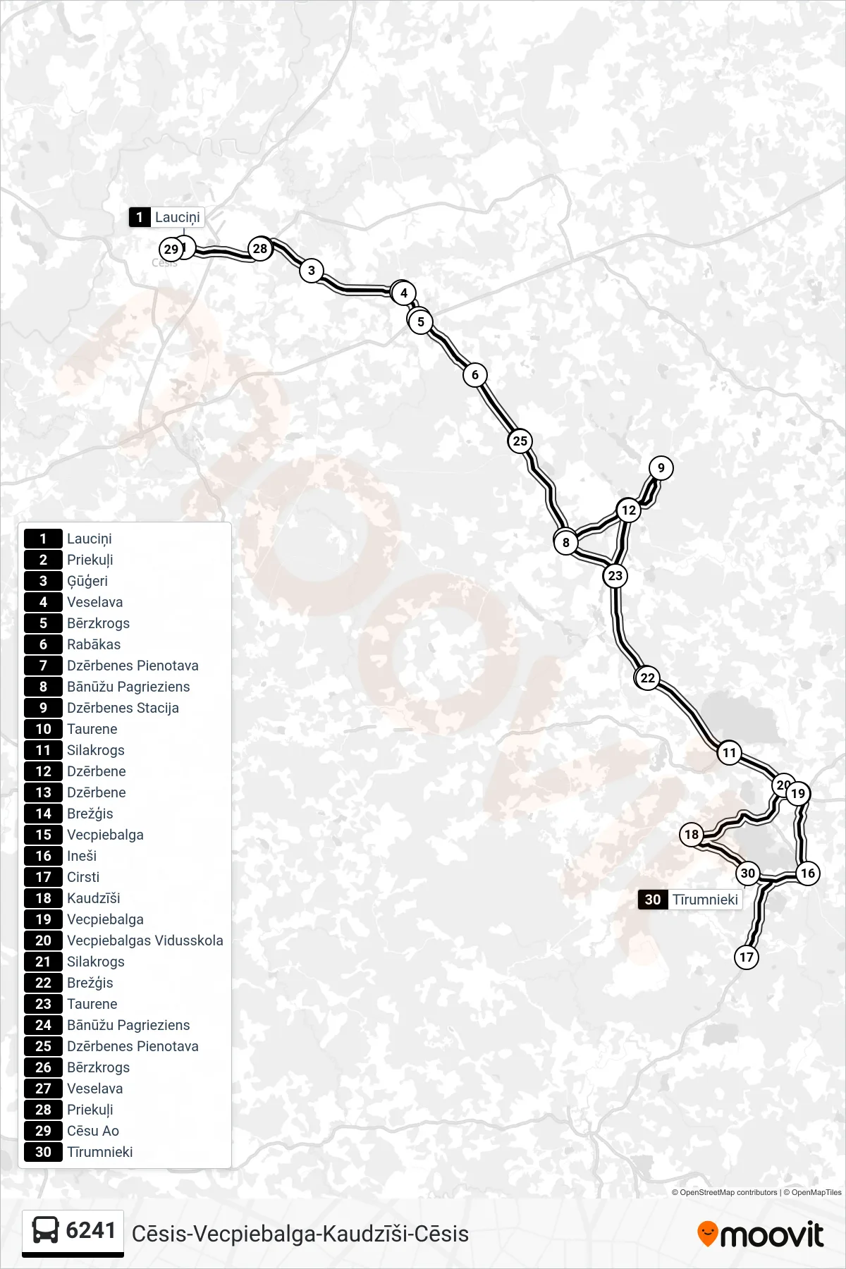6241 bus Line (Cēsu Ao) route and stops on a map