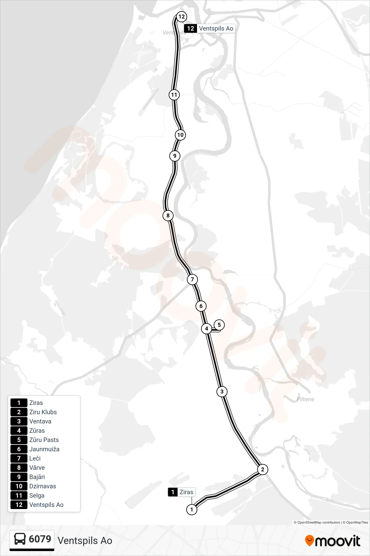 6079 bus Line (Ventspils Ao) route and stops on a map