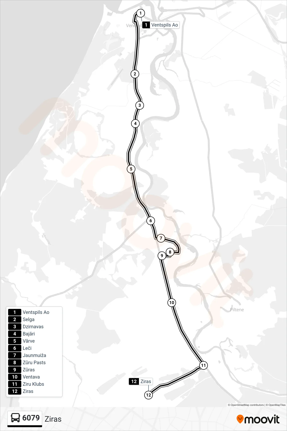6079 bus Line (Ziras) route and stops on a map
