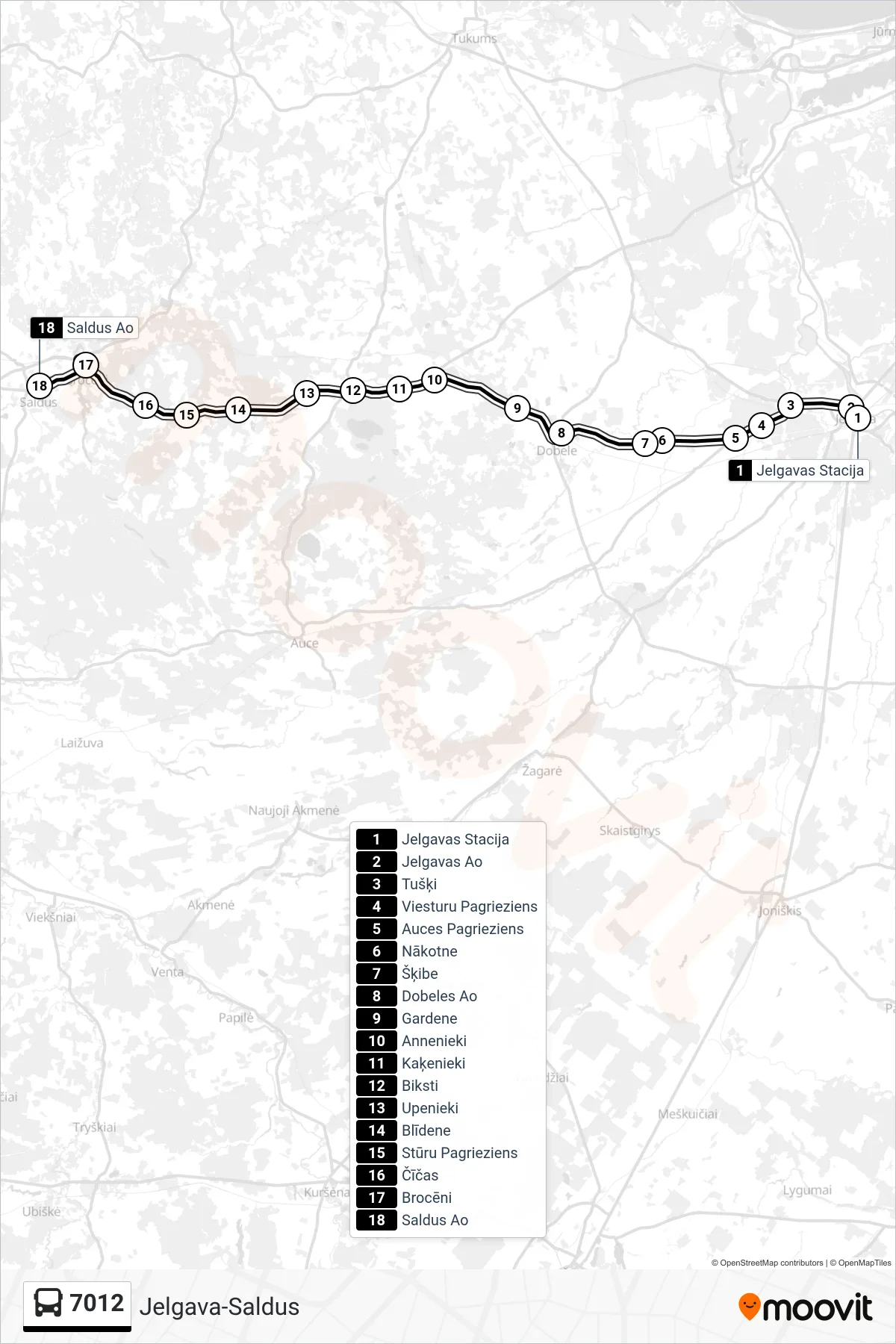 7012 bus Line (Saldus Ao) route and stops on a map