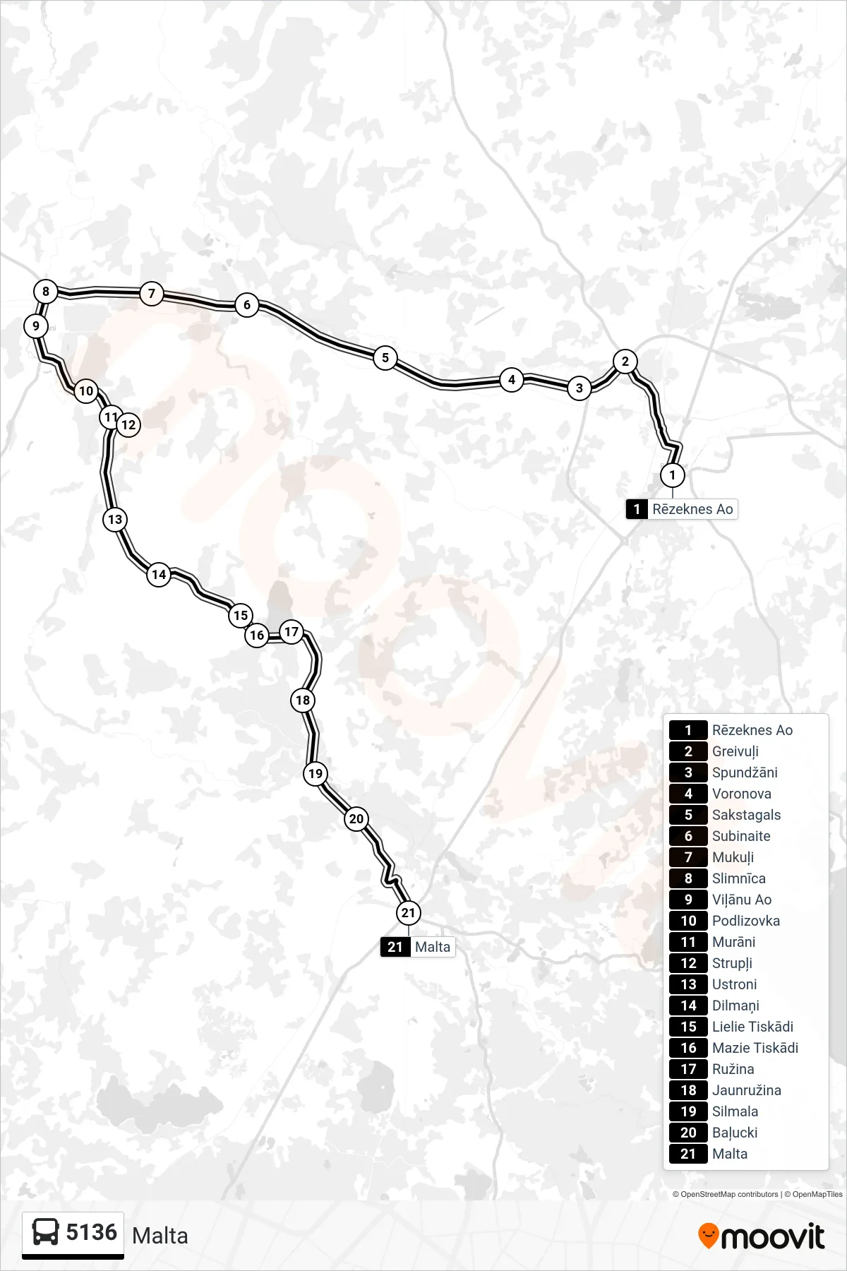 5136 bus Line (Malta) route and stops on a map