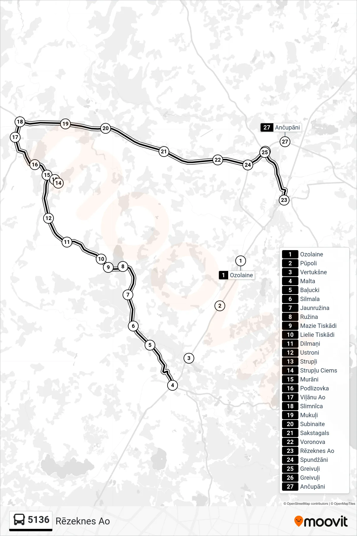 5136 bus Line (Rēzeknes Ao) route and stops on a map