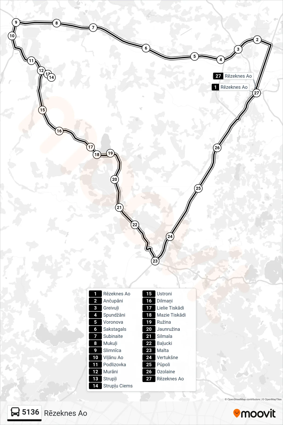 5136 bus Line (Rēzeknes Ao) route and stops on a map