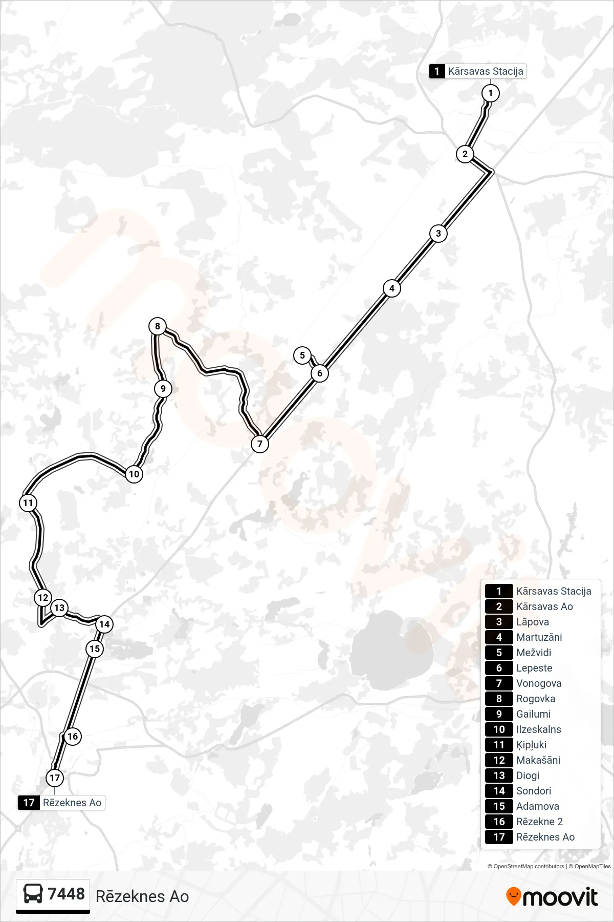 7448 bus Line (Rēzeknes Ao) route and stops on a map