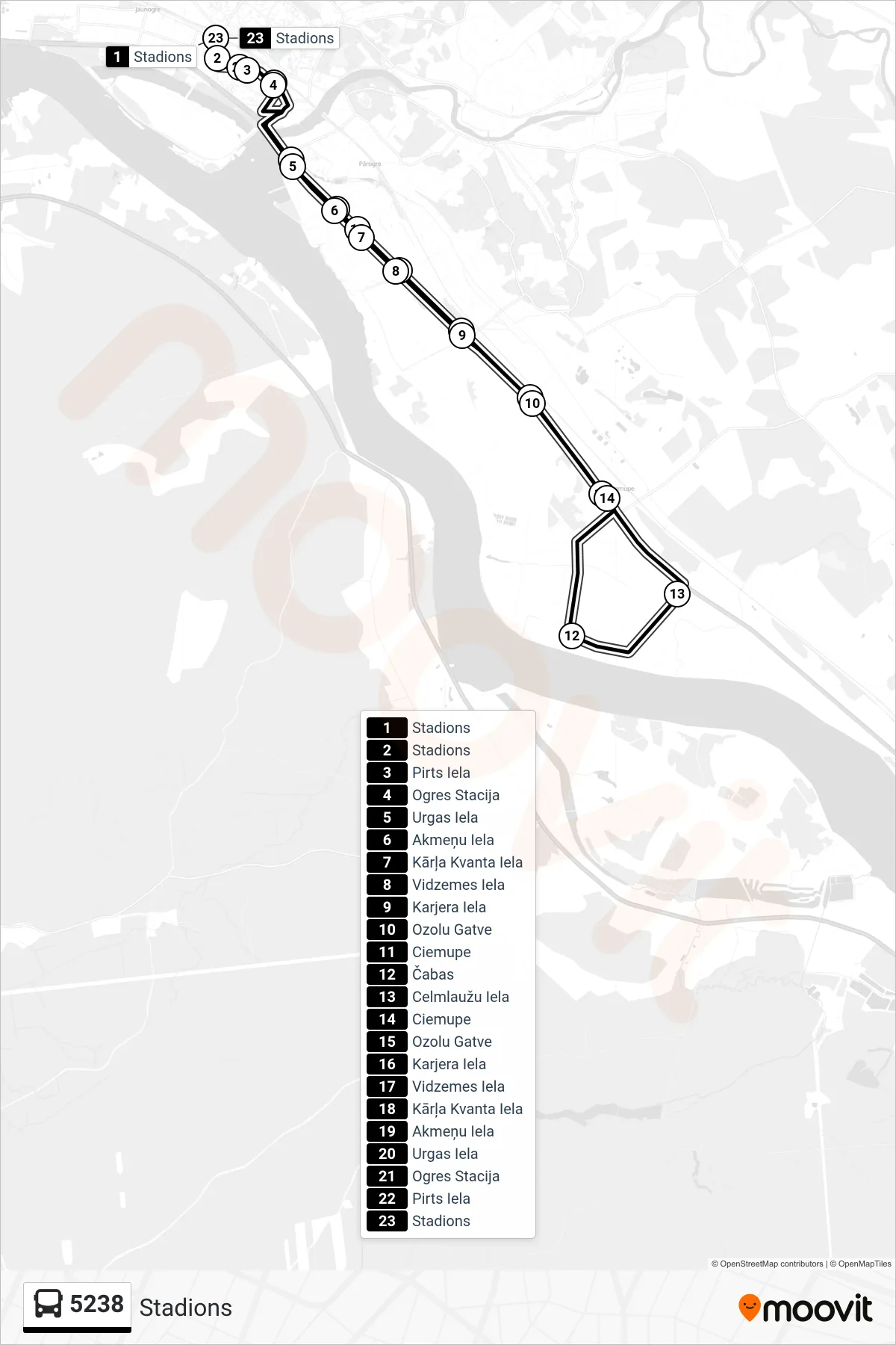 5238 bus Line (Stadions) route and stops on a map