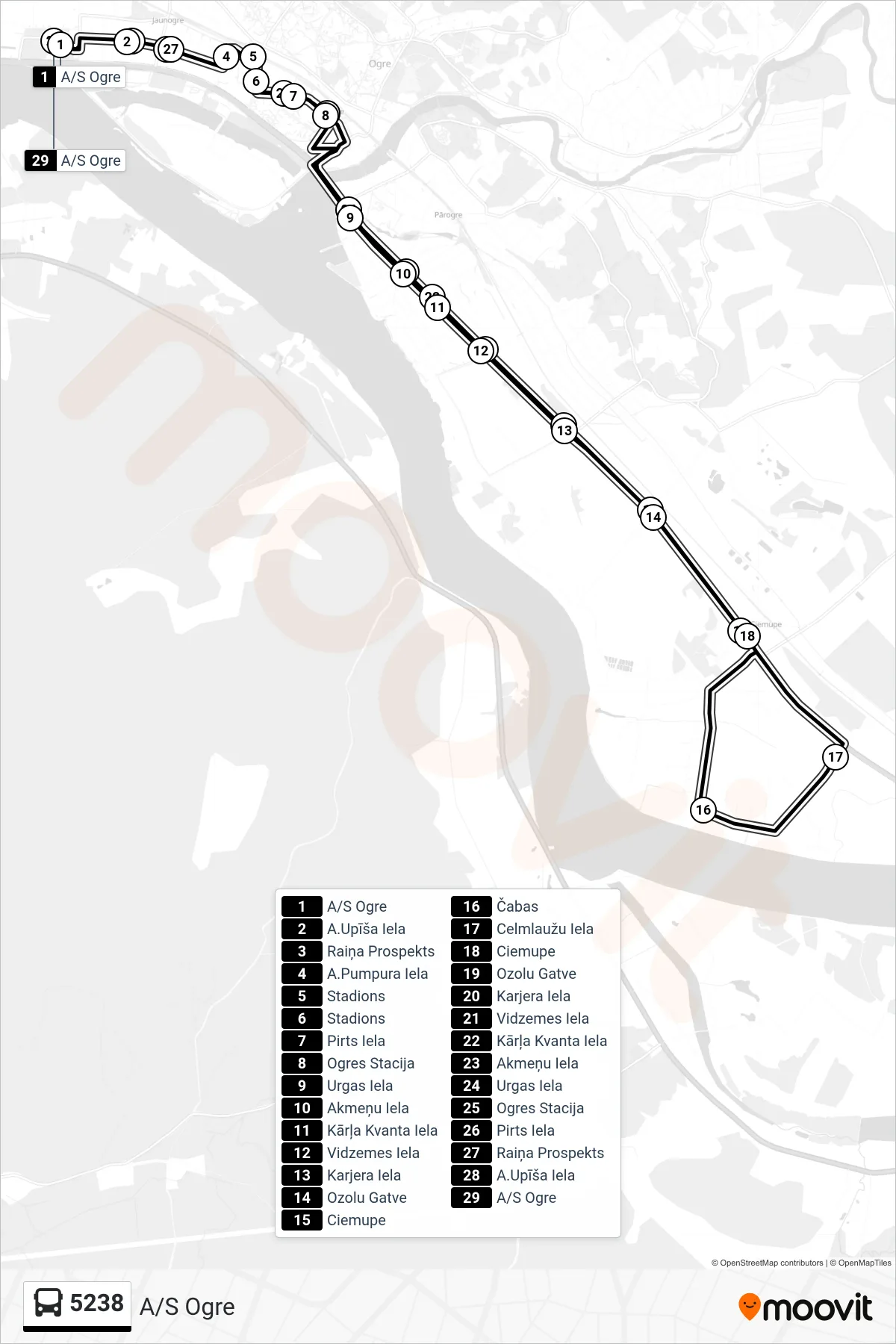 5238 bus Line (A/S Ogre) route and stops on a map