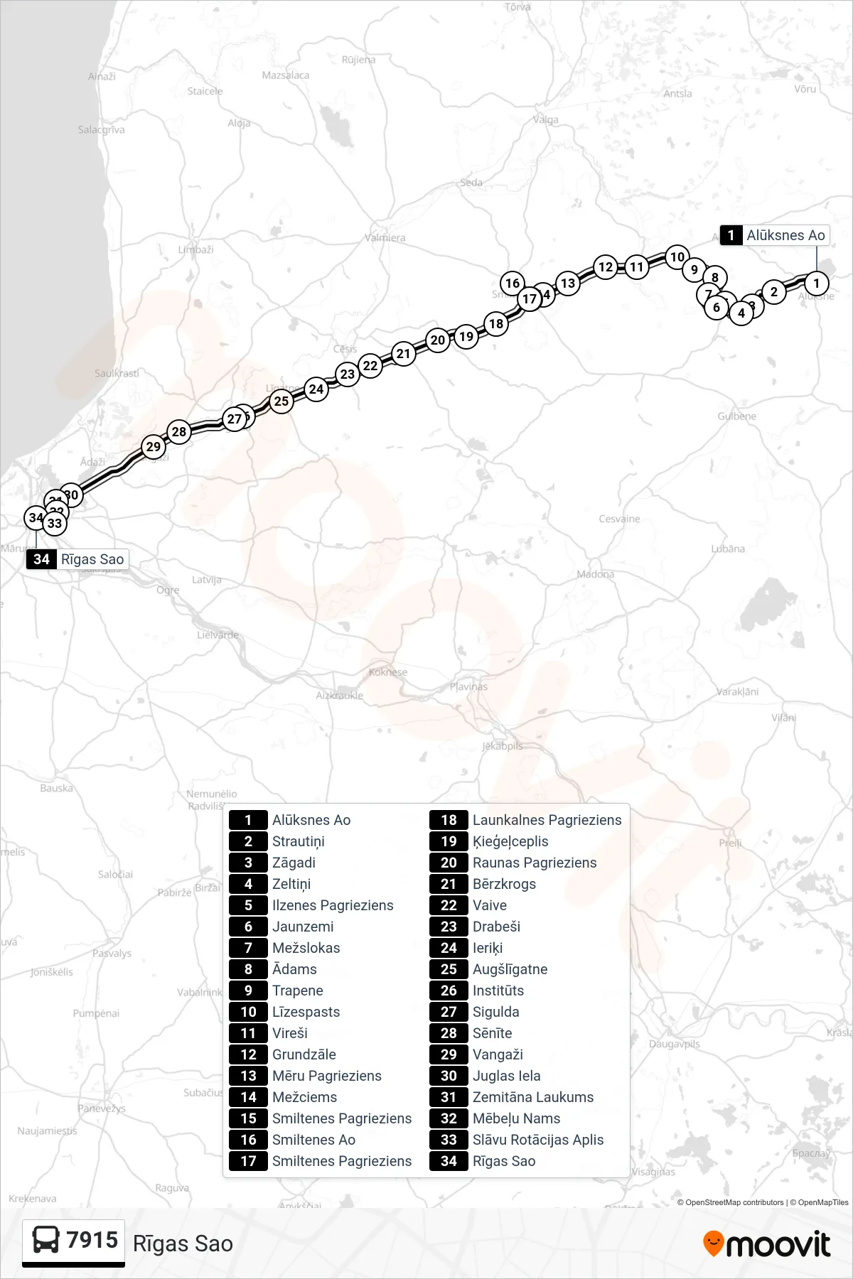 7915 bus Line (Rīgas Sao) route and stops on a map