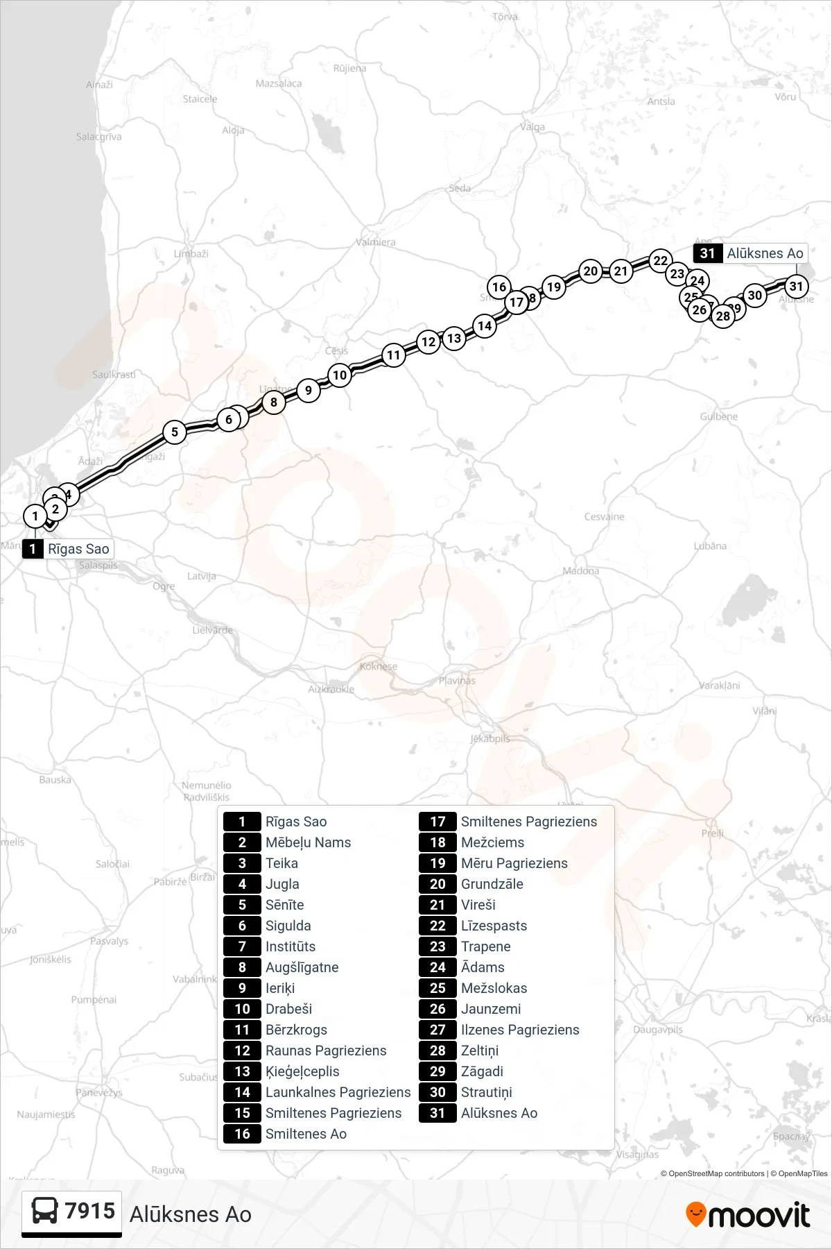 7915 bus Line (Alūksnes Ao) route and stops on a map