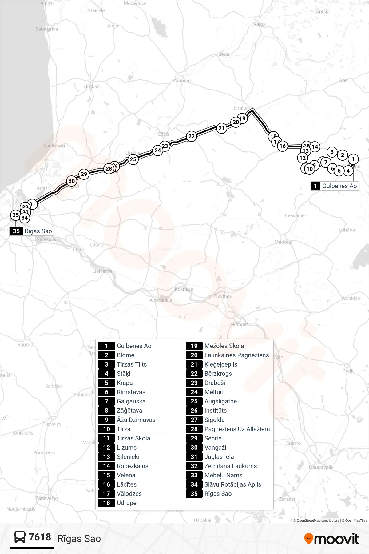 7618 bus Line (Rīgas Sao) route and stops on a map