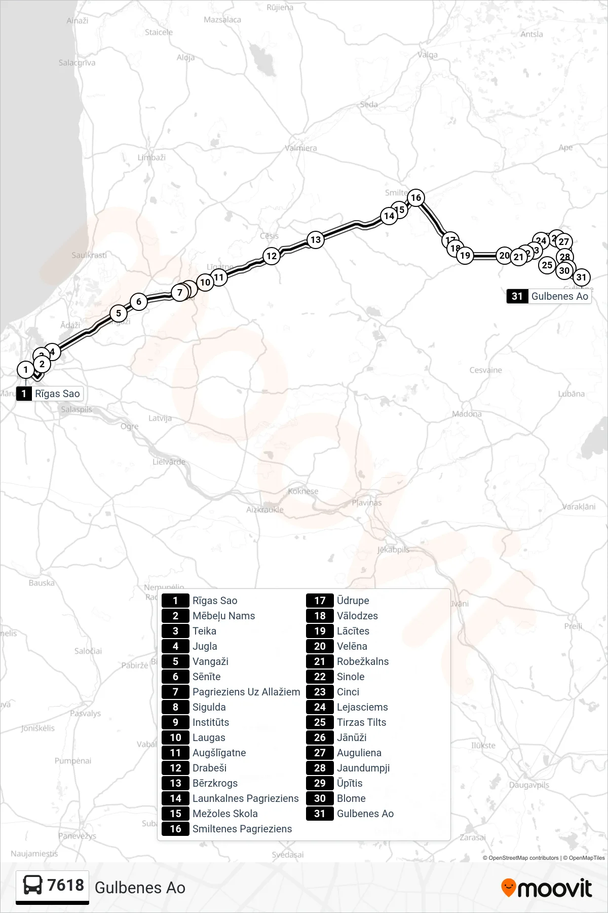 7618 bus Line (Gulbenes Ao) route and stops on a map