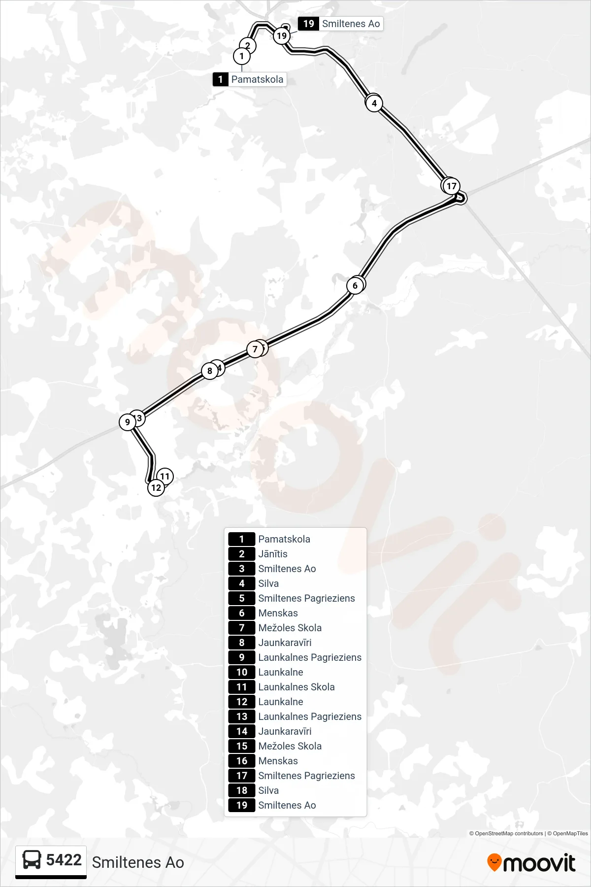 5422 bus Line (Smiltenes Ao) route and stops on a map