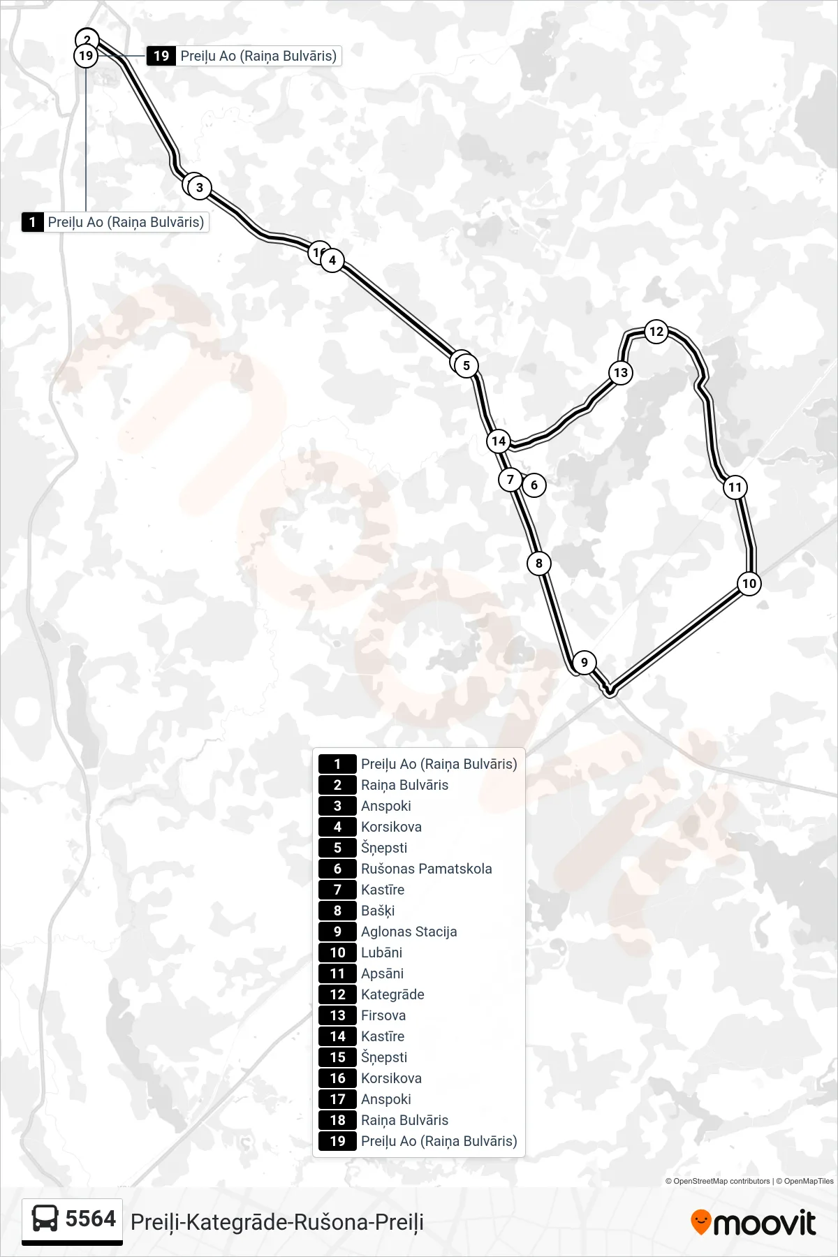 5564 bus Line (Preiļu Ao (Raiņa Bulvāris)) route and stops on a map