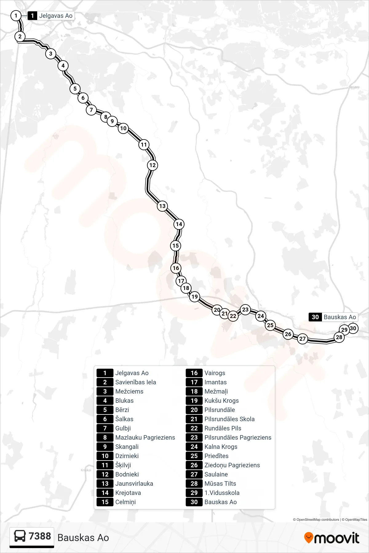 7388 bus Line (Bauskas Ao) route and stops on a map