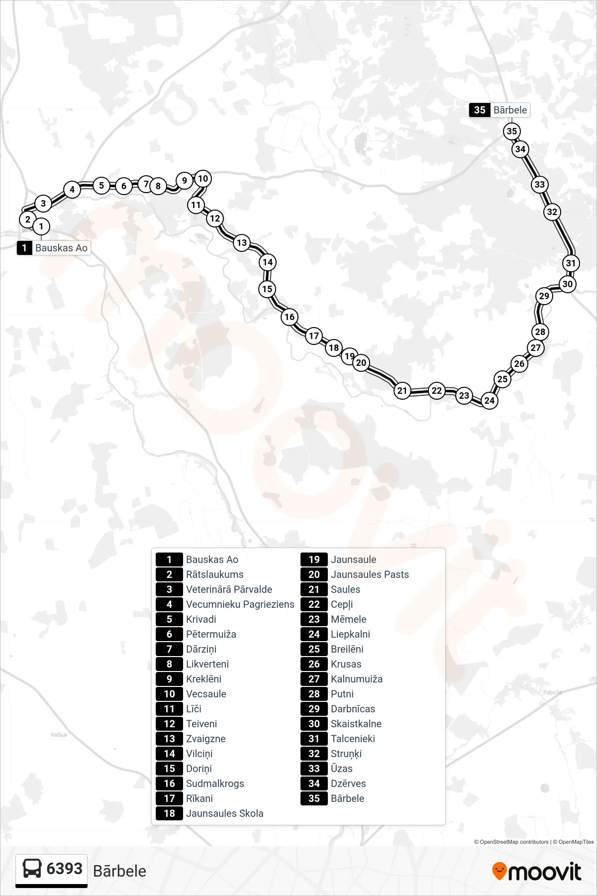 6393 bus Line (Bārbele) route and stops on a map