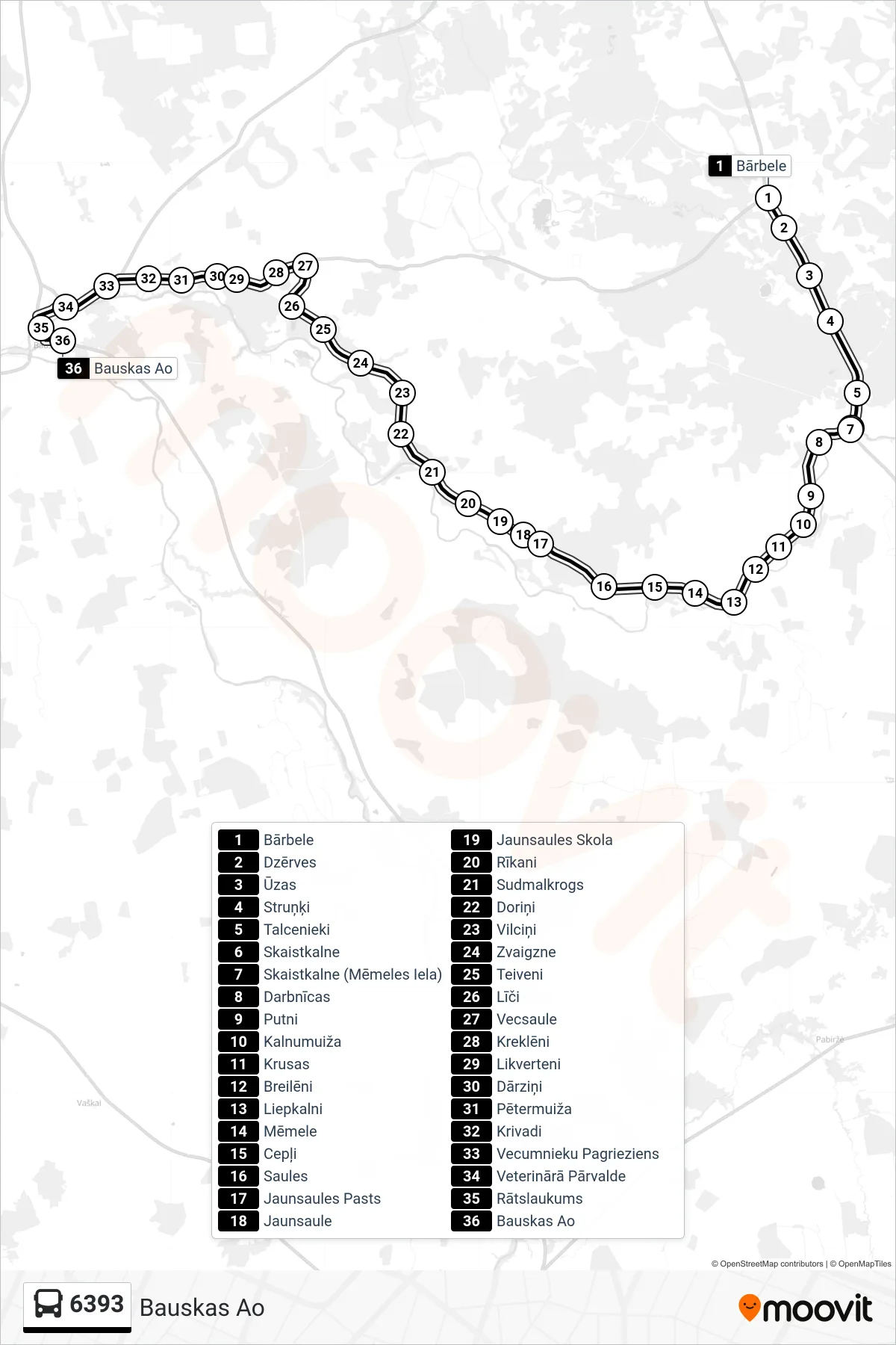 6393 bus Line (Bauskas Ao) route and stops on a map