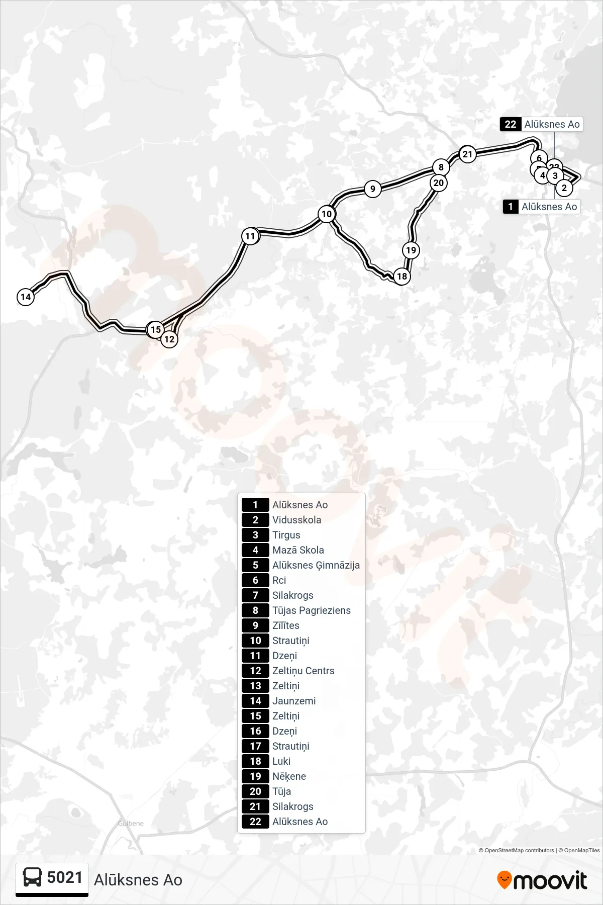 5021 bus Line (Alūksnes Ao) route and stops on a map