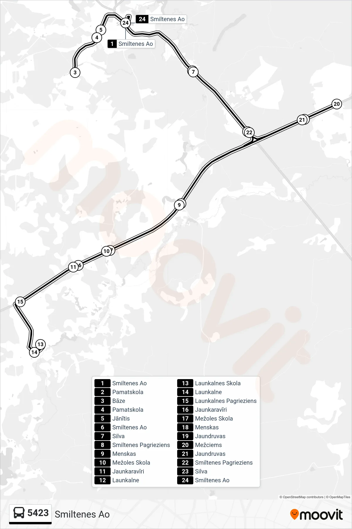 5423 bus Line (Smiltenes Ao) route and stops on a map