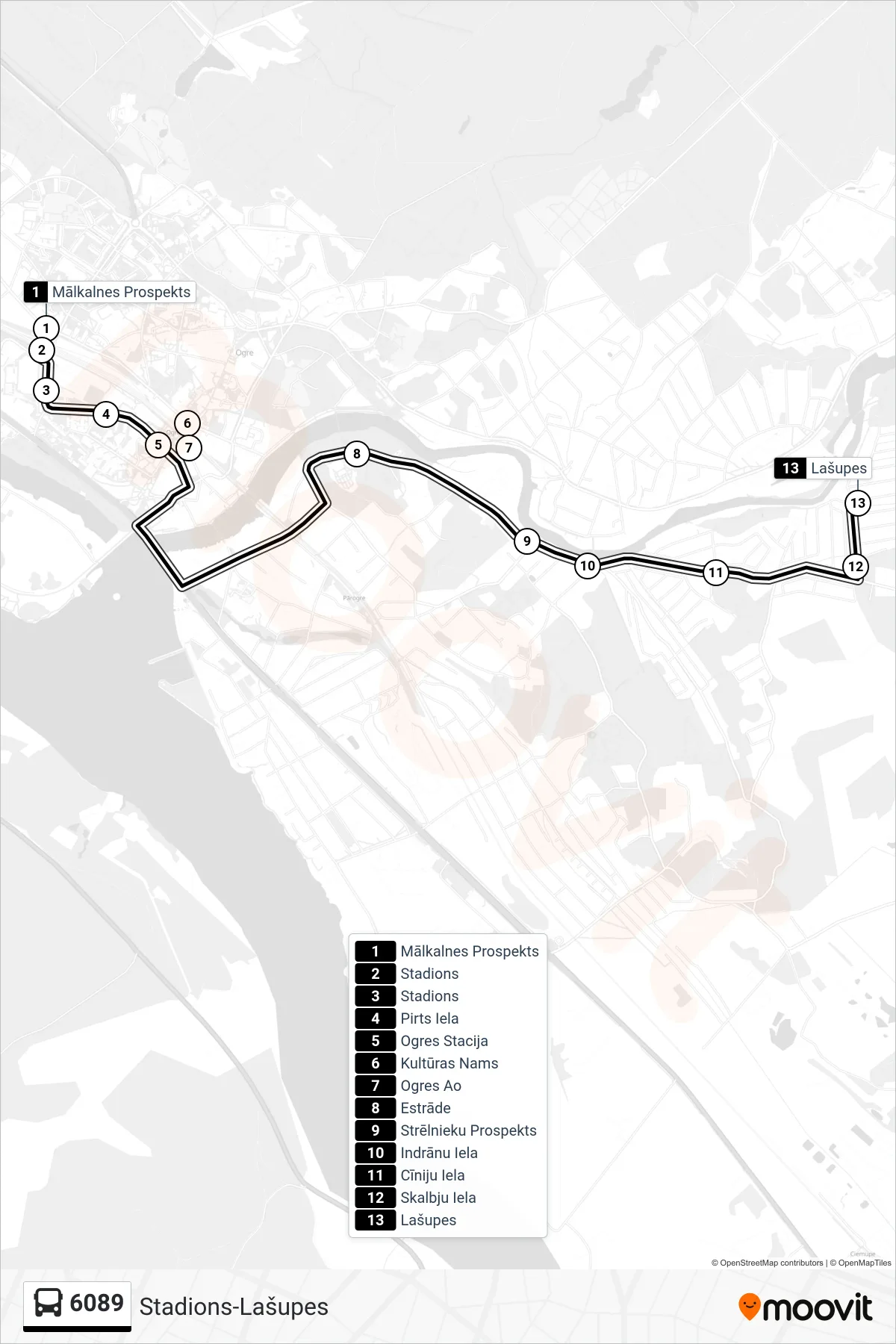 6089 bus Line (Lašupes) route and stops on a map