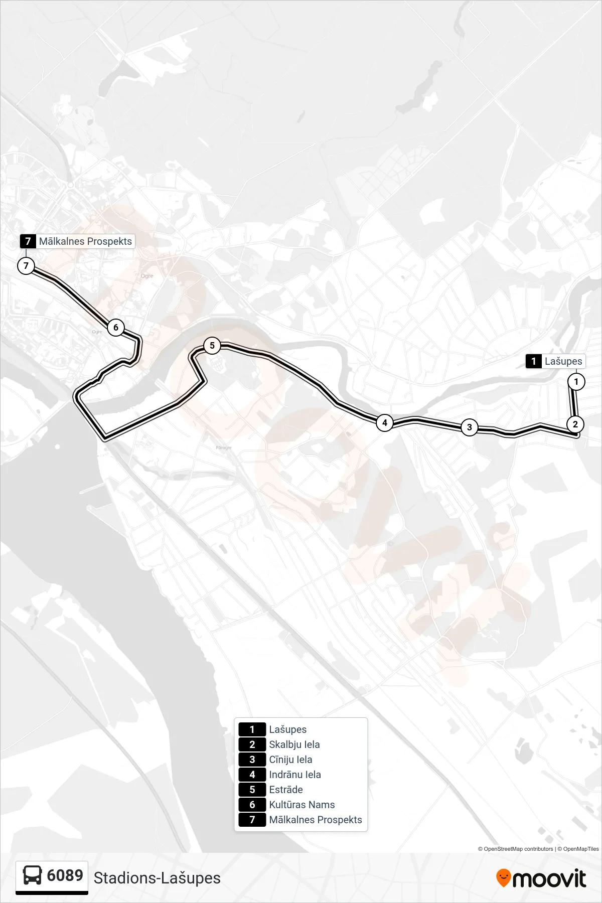 6089 bus Line (Mālkalnes Prospekts) route and stops on a map