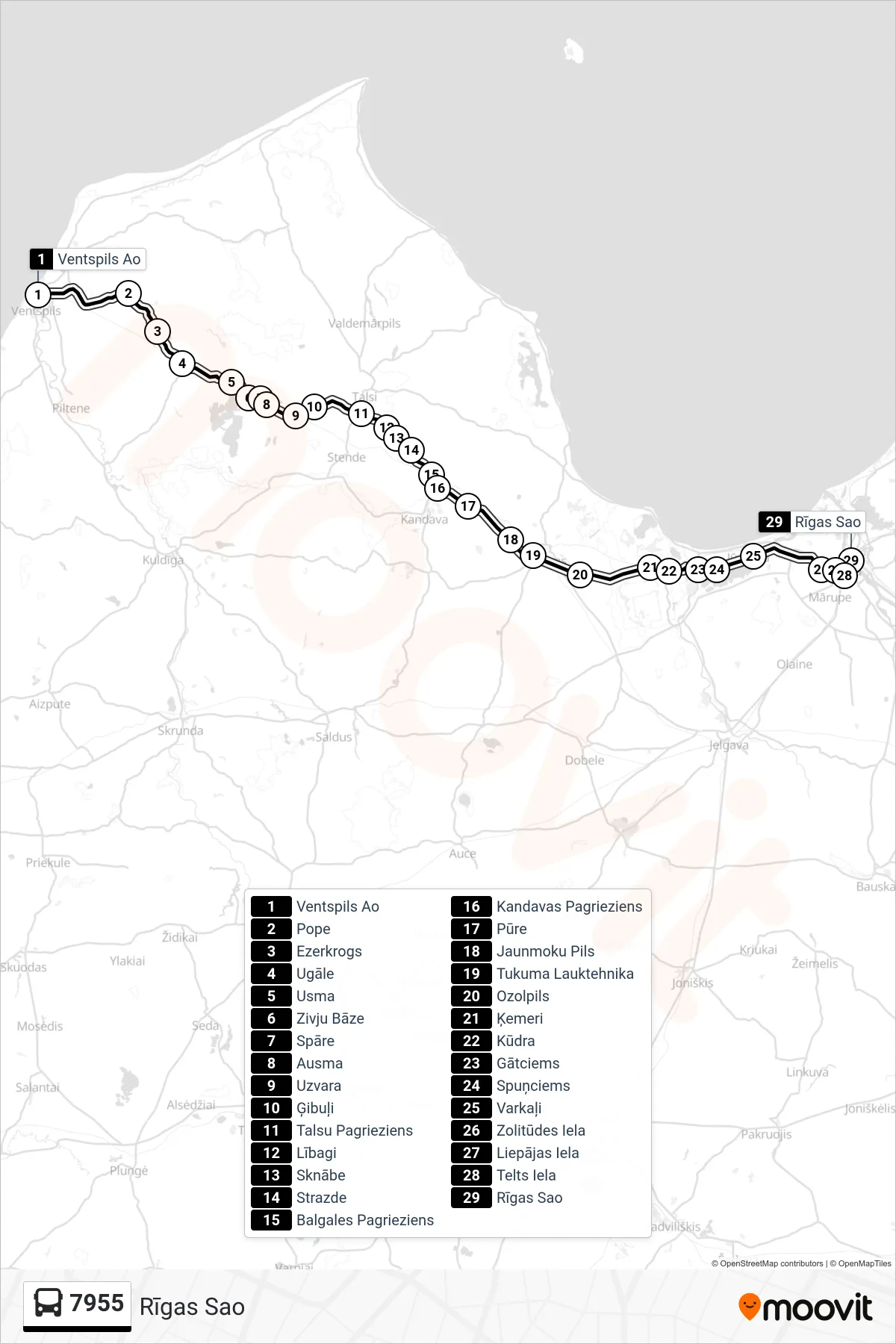 7955 bus Line (Rīgas Sao) route and stops on a map