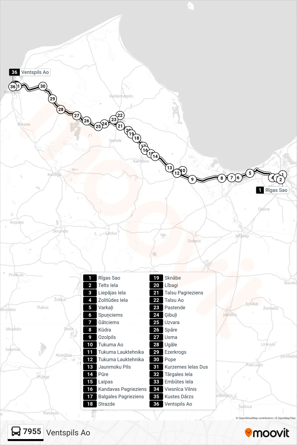 7955 bus Line (Ventspils Ao) route and stops on a map