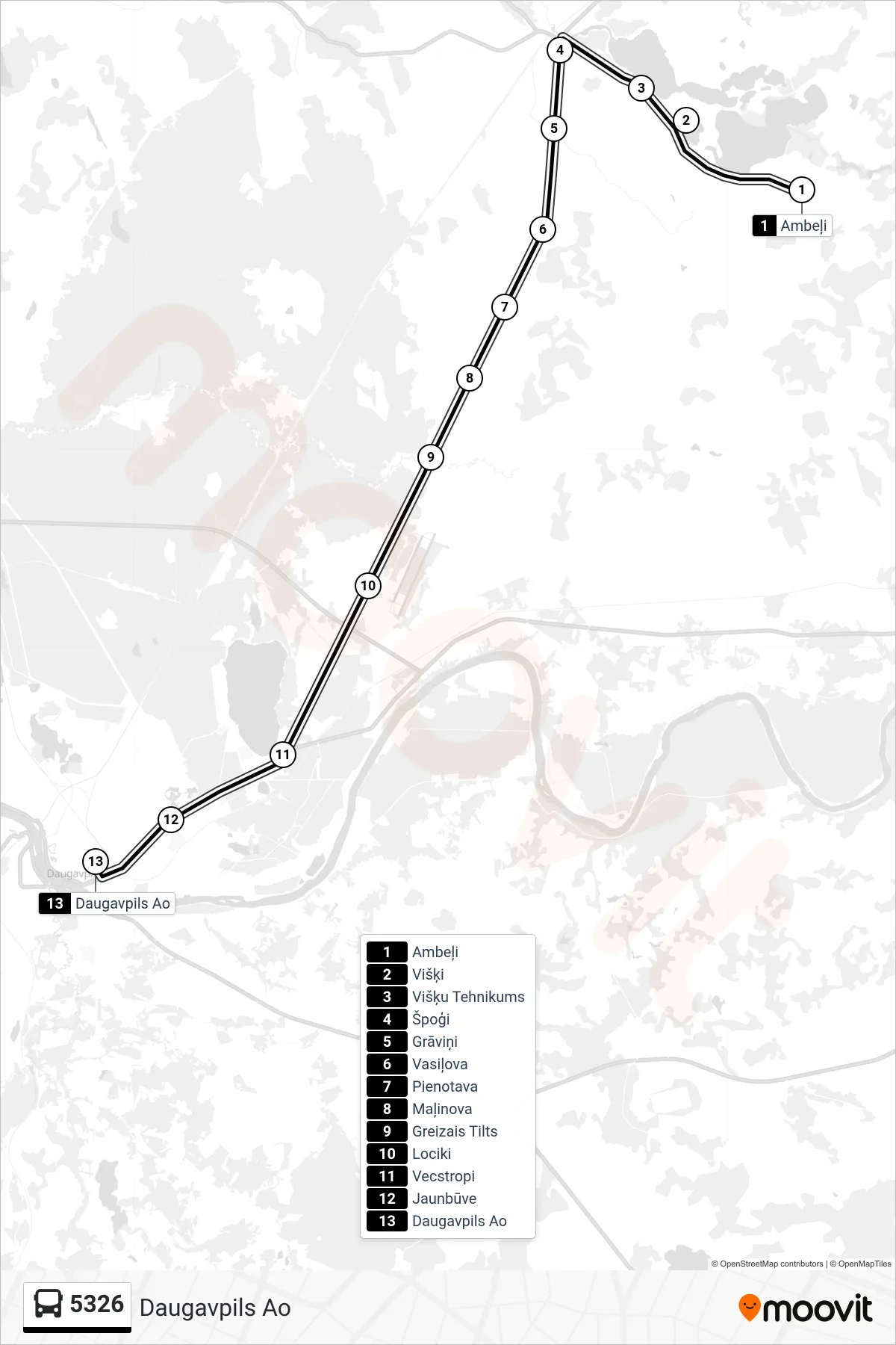 5326 bus Line (Daugavpils Ao) route and stops on a map