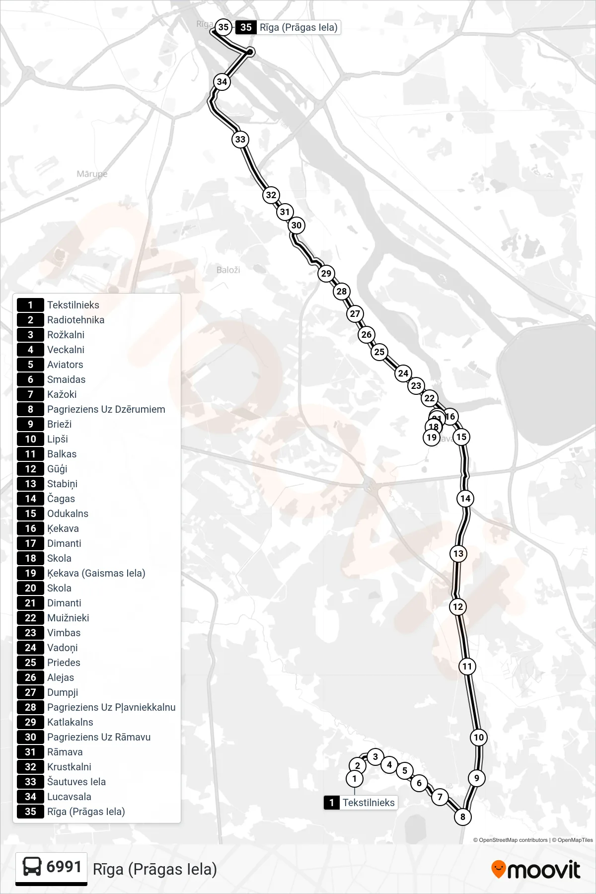6991 bus Line (Rīga (Prāgas Iela)) route and stops on a map