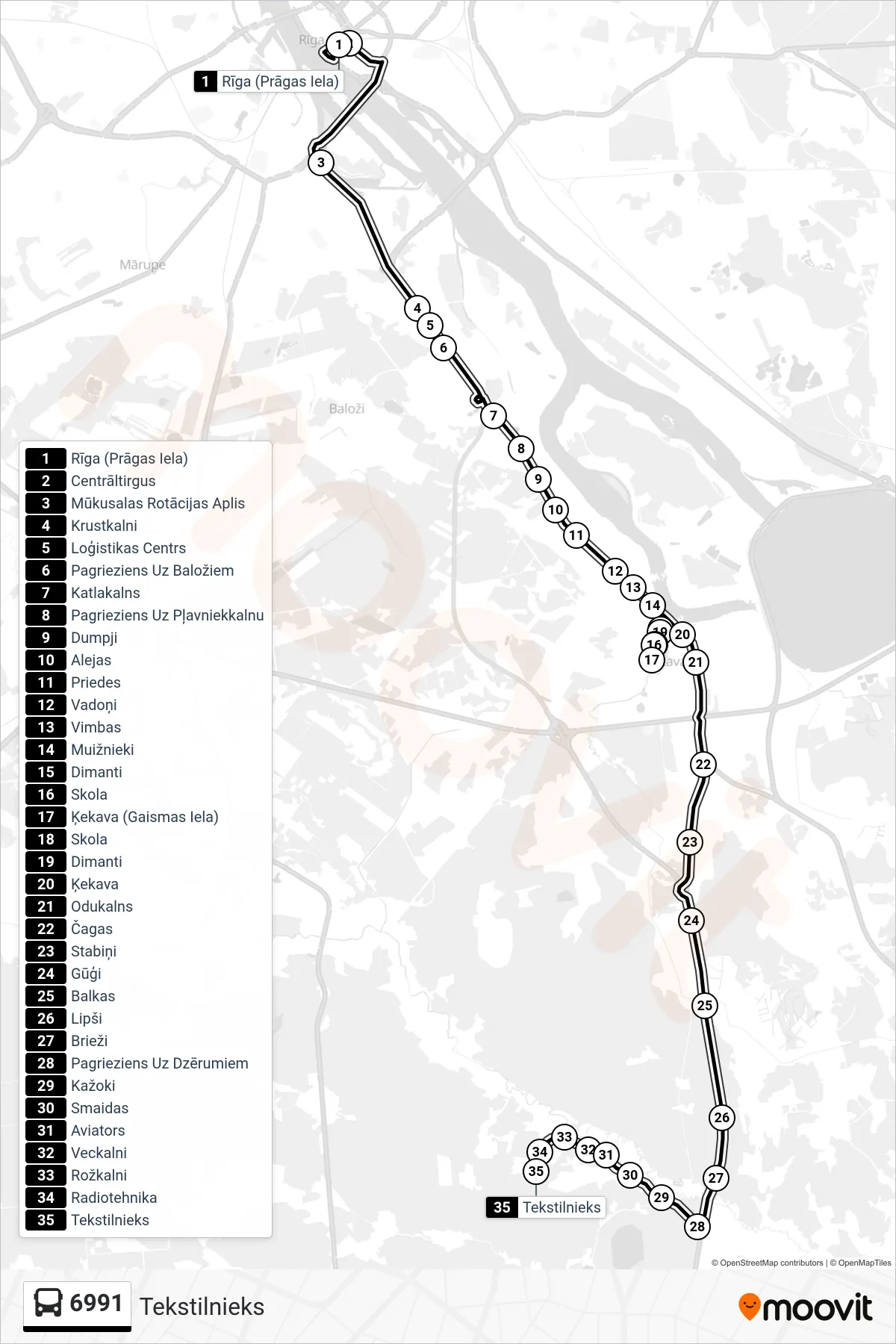 6991 bus Line (Tekstilnieks) route and stops on a map