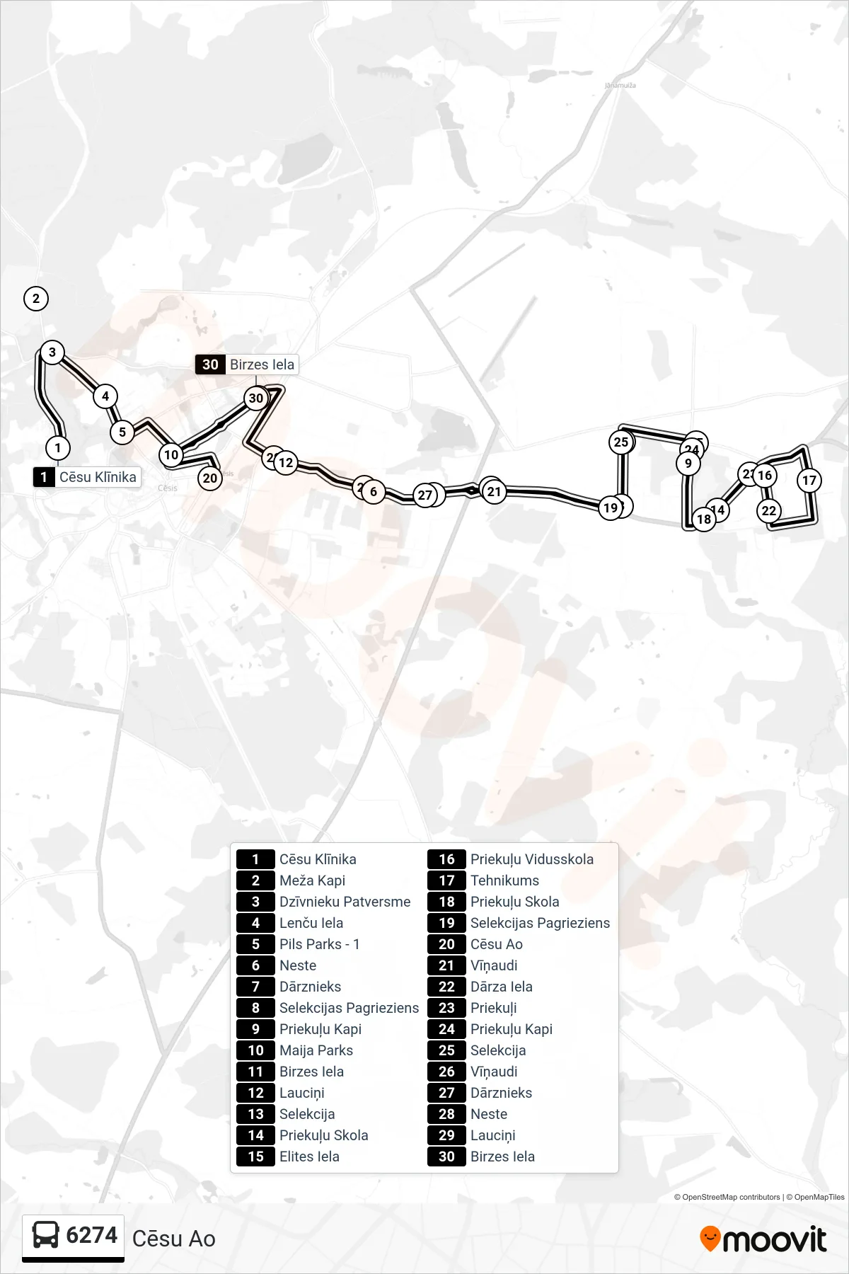 6274 bus Line (Cēsu Ao) route and stops on a map