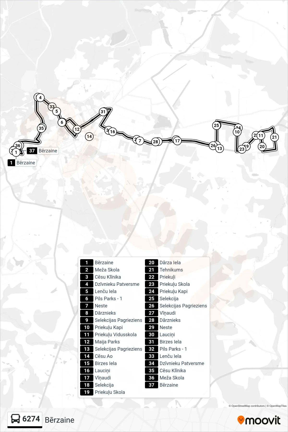 6274 bus Line (Bērzaine) route and stops on a map