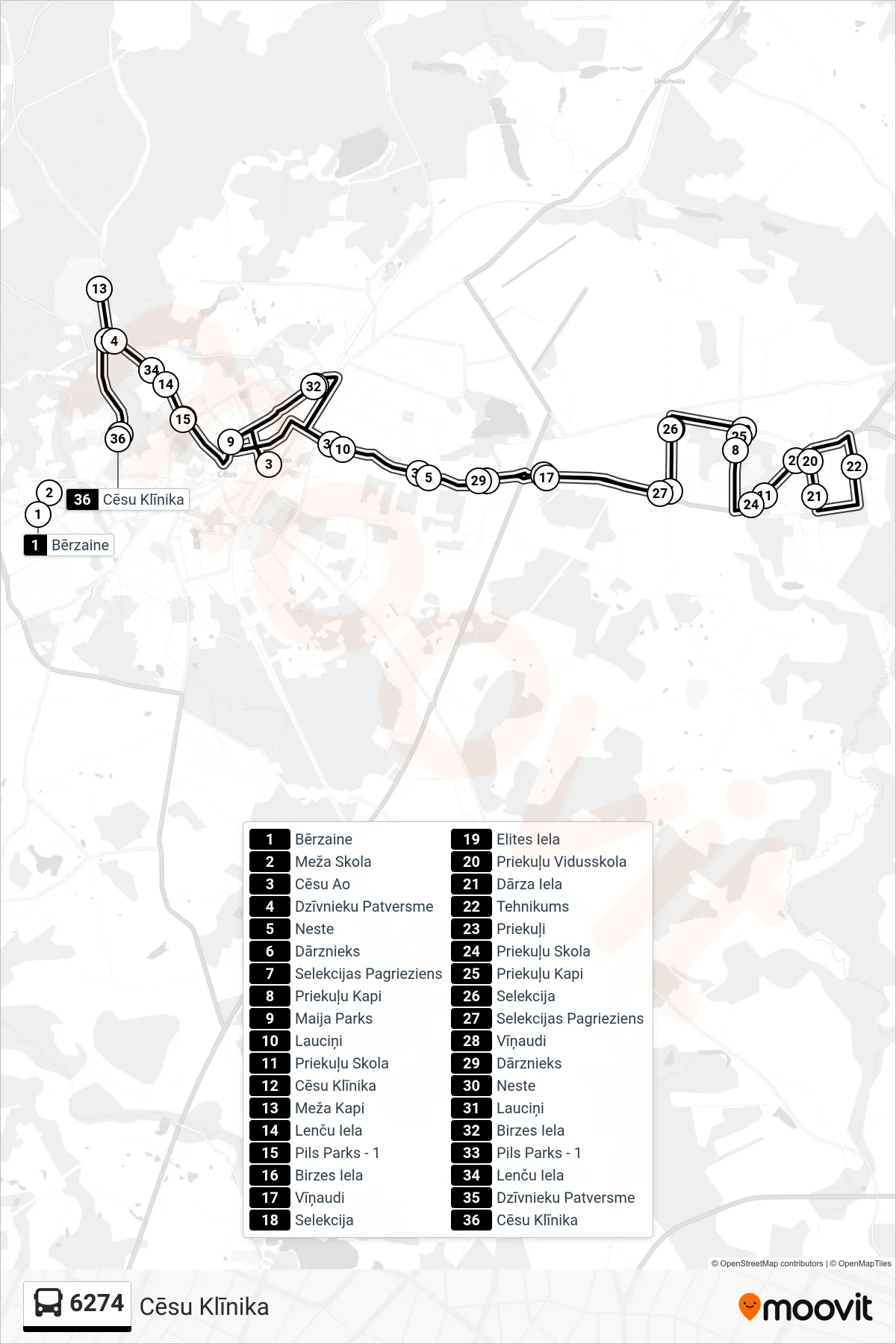 6274 bus Line (Cēsu Klīnika) route and stops on a map