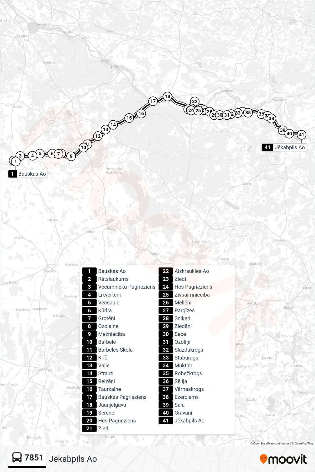 7851 bus Line (Jēkabpils Ao) route and stops on a map