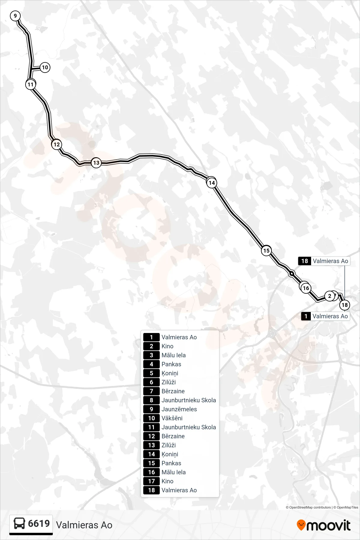 6619 bus Line (Valmieras Ao) route and stops on a map