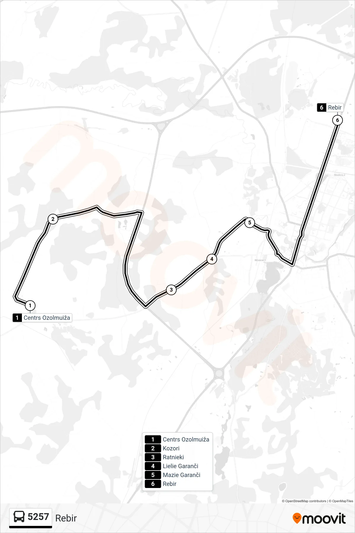 5257 bus Line (Rebir) route and stops on a map