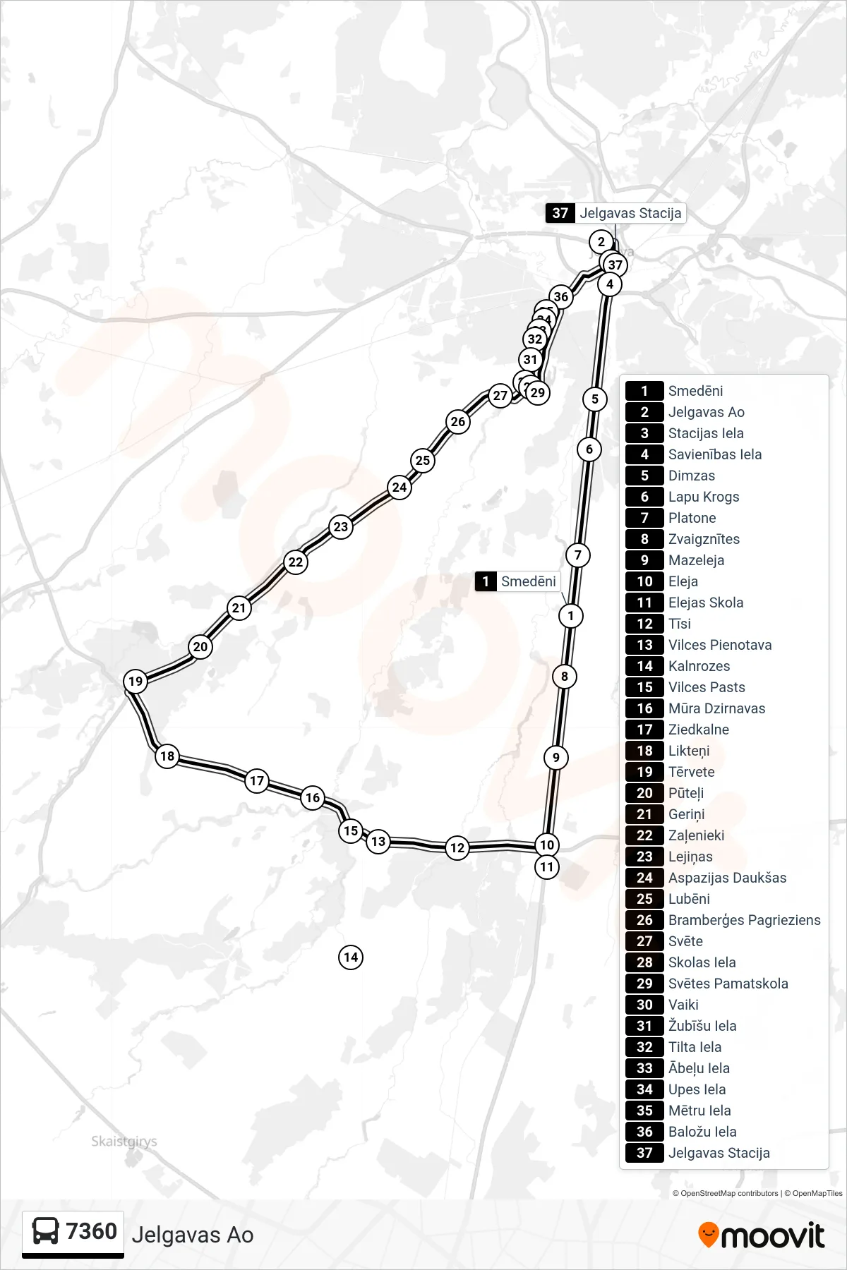 7360 bus Line (Jelgavas Ao) route and stops on a map