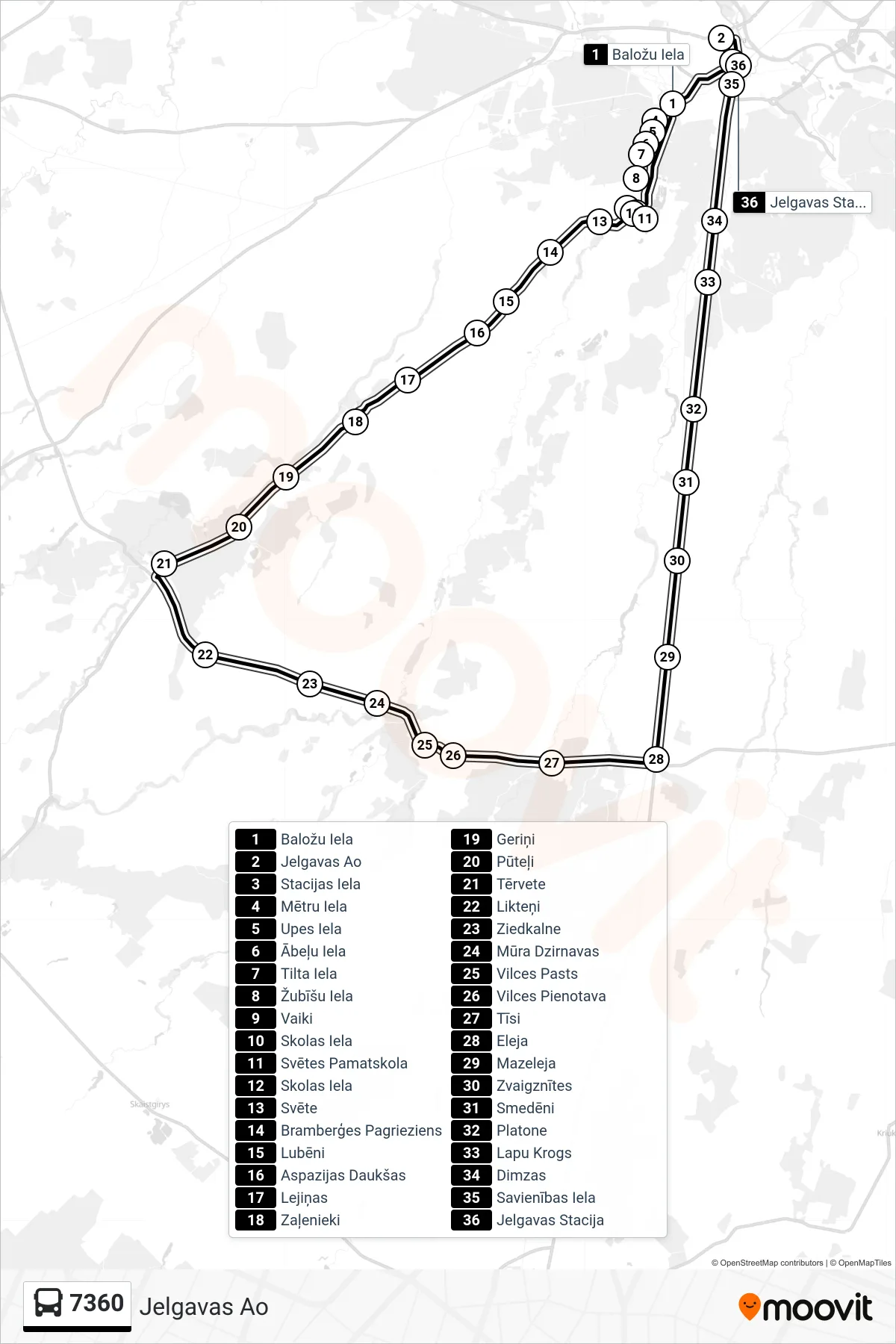 7360 bus Line (Jelgavas Ao) route and stops on a map