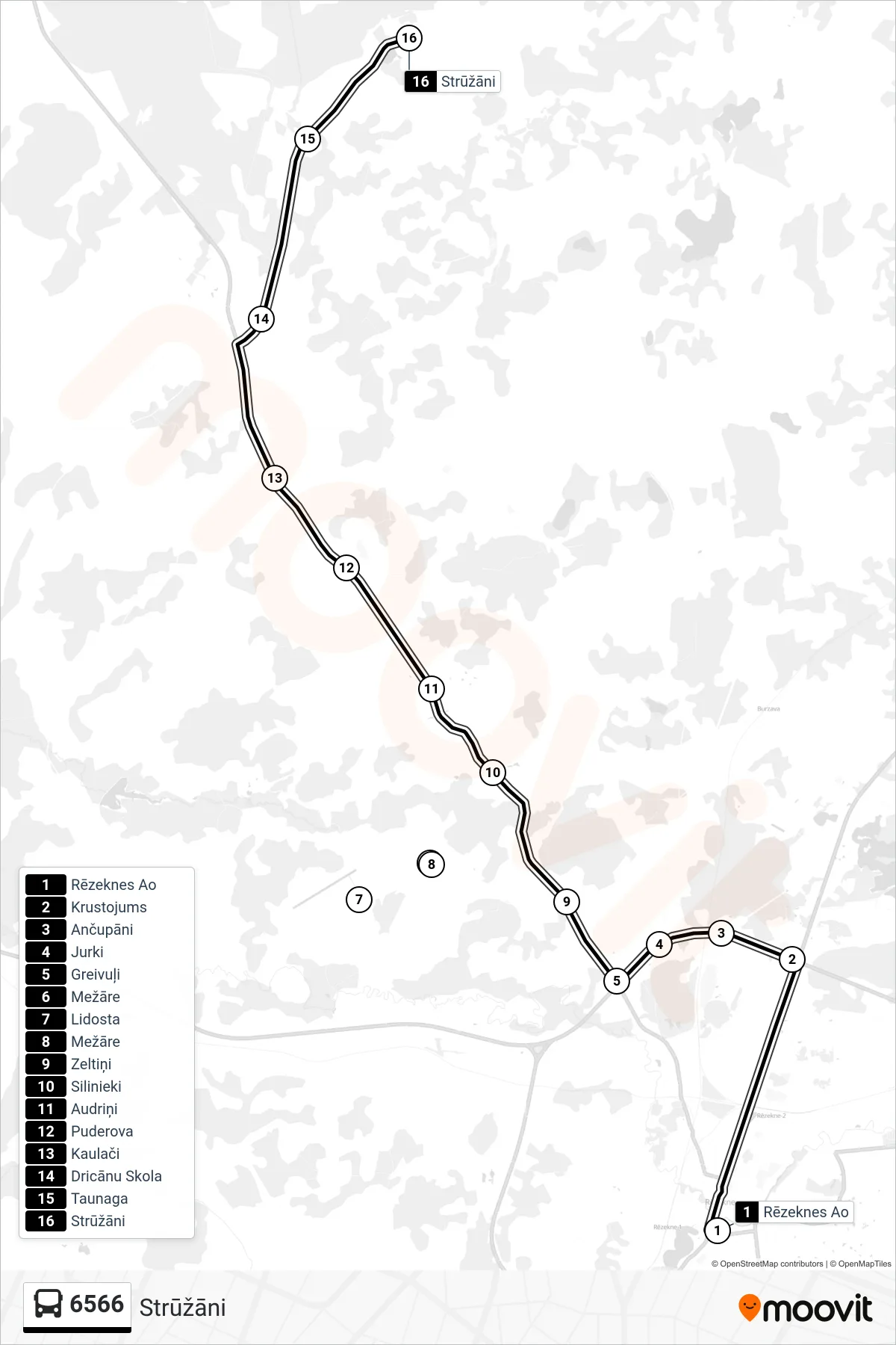 6566 bus Line (Strūžāni) route and stops on a map