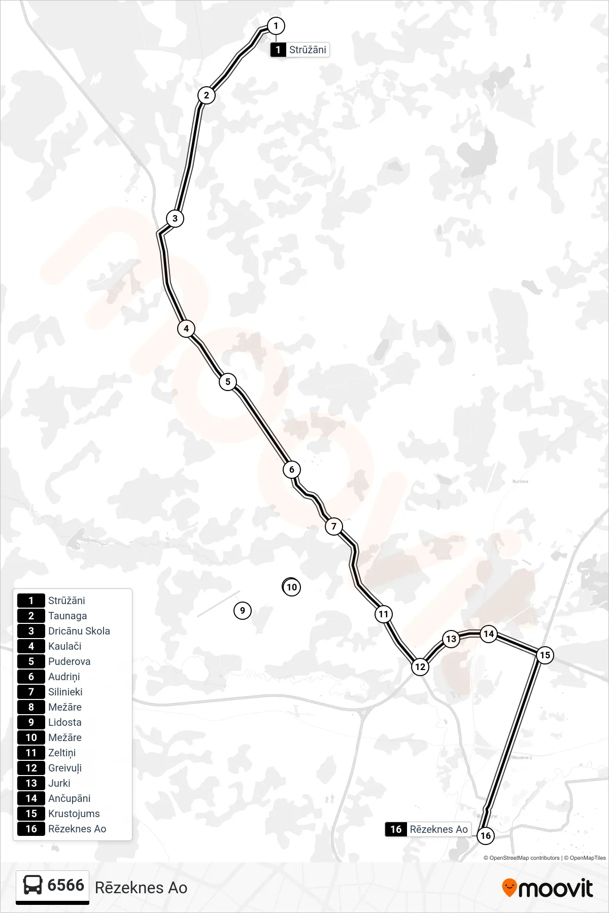 6566 bus Line (Rēzeknes Ao) route and stops on a map