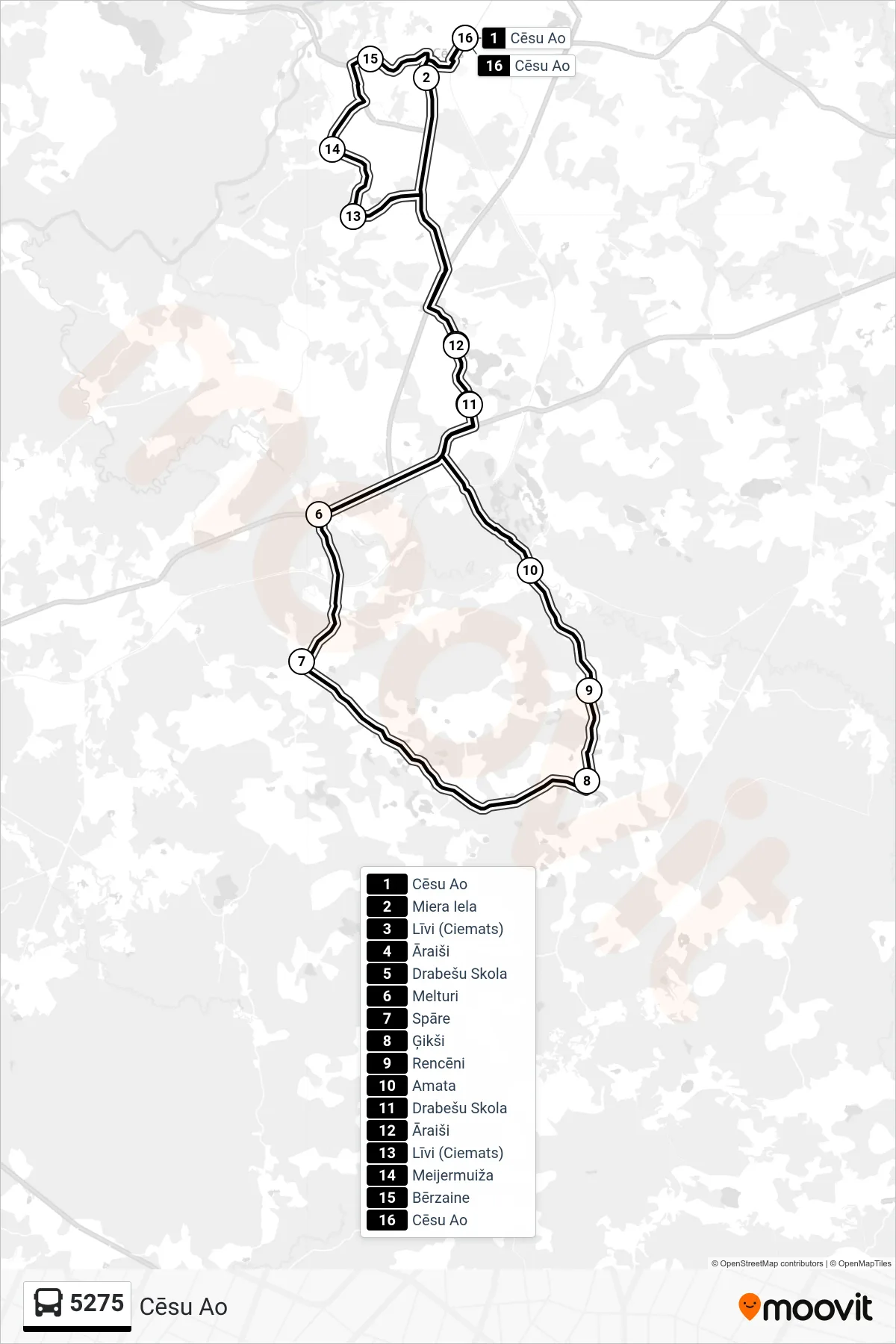 5275 bus Line (Cēsu Ao) route and stops on a map
