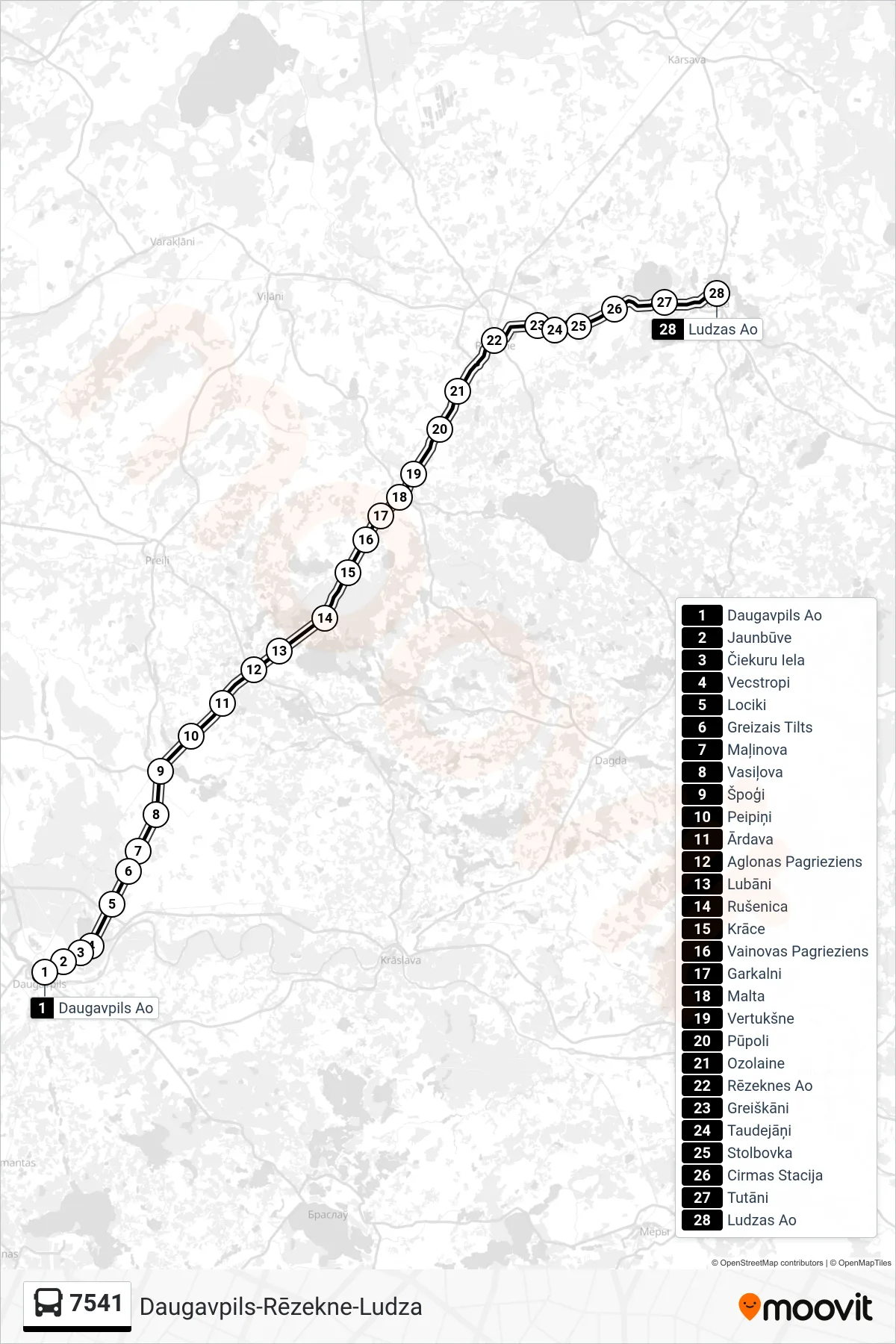 7541 bus Line (Ludzas Ao) route and stops on a map
