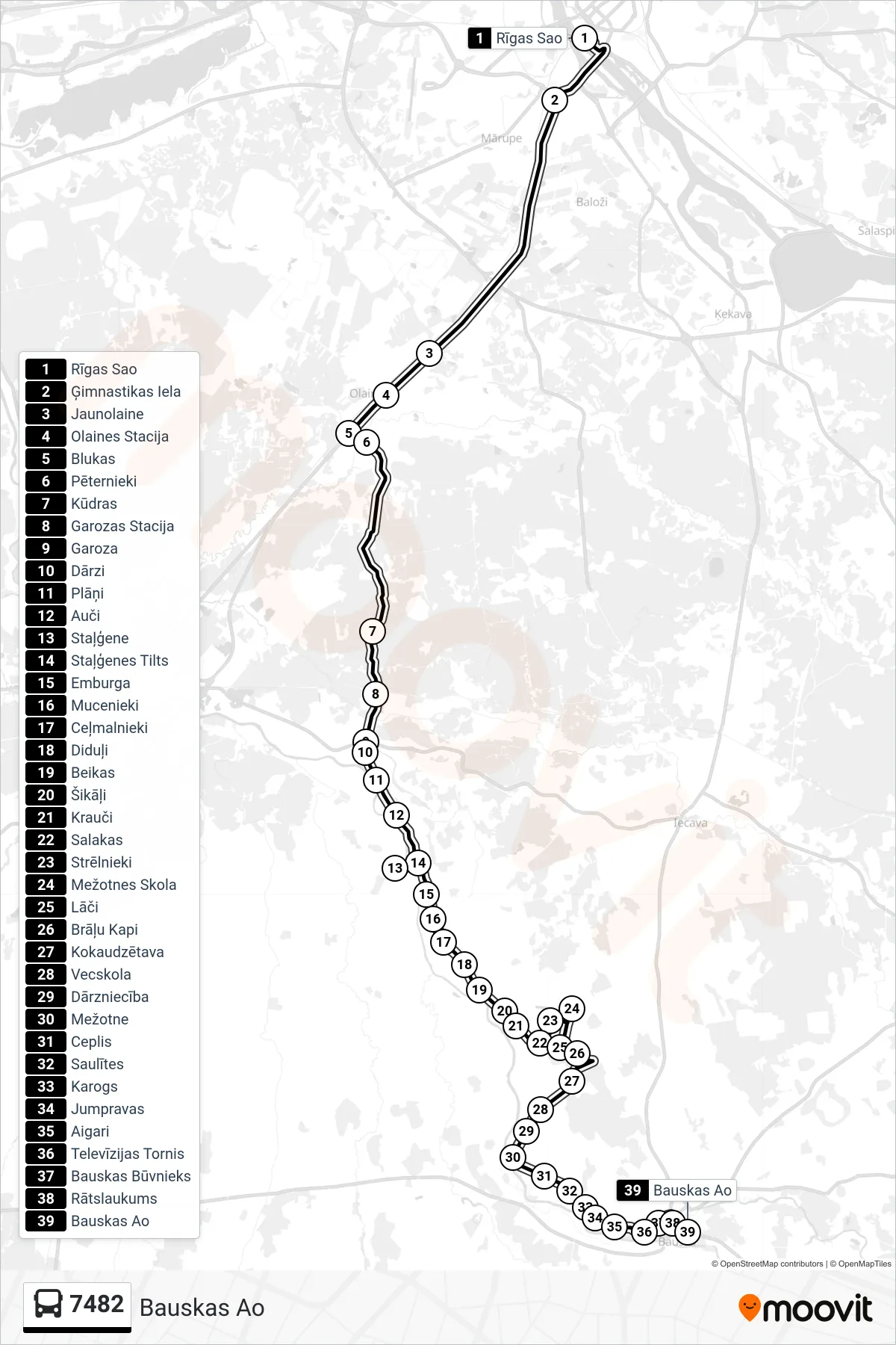 7482 bus Line (Bauskas Ao) route and stops on a map