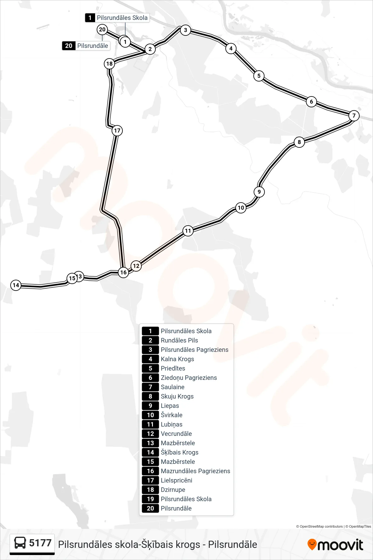 5177 bus Line (Pilsrundāle) route and stops on a map