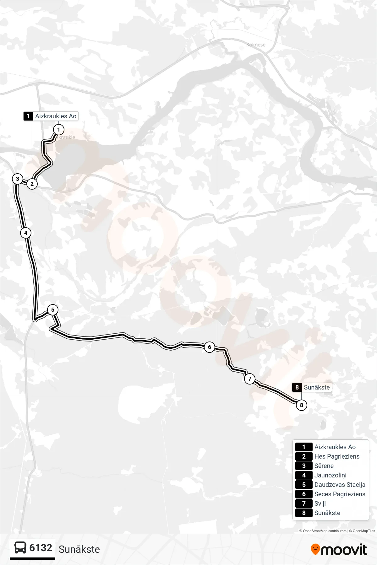 6132 bus Line (Sunākste) route and stops on a map